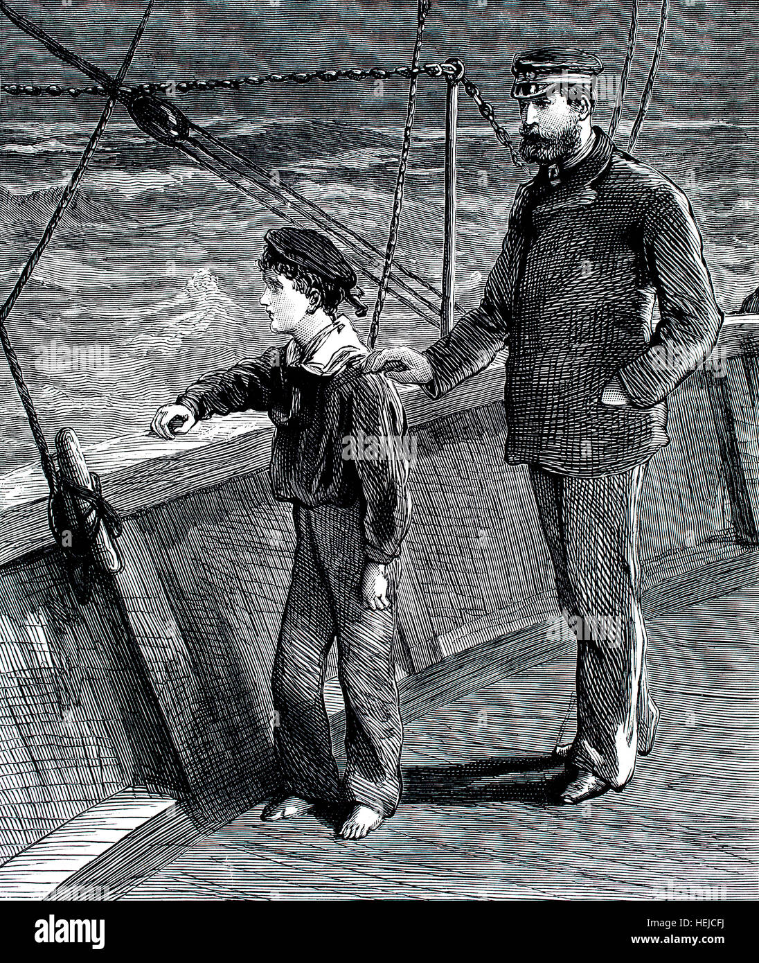 Captain’s hand on shoulder of boy sailor going to sea for first time, illustration from 1884 Chatterbox weekly children’s paper Stock Photo