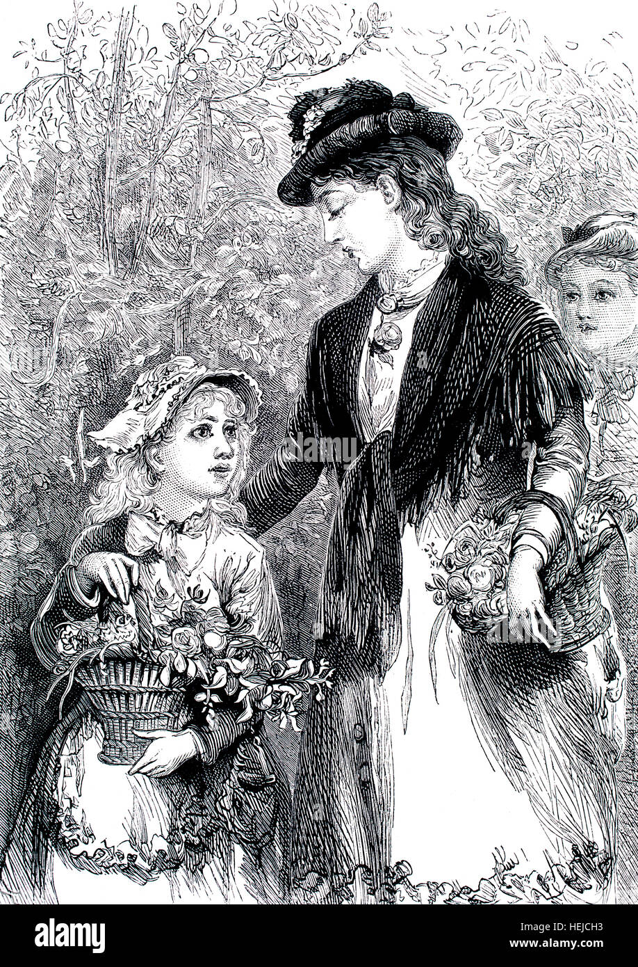 mother and daughter carrying baskets of flowers, illustration from 1884 Chatterbox weekly children’s paper Stock Photo
