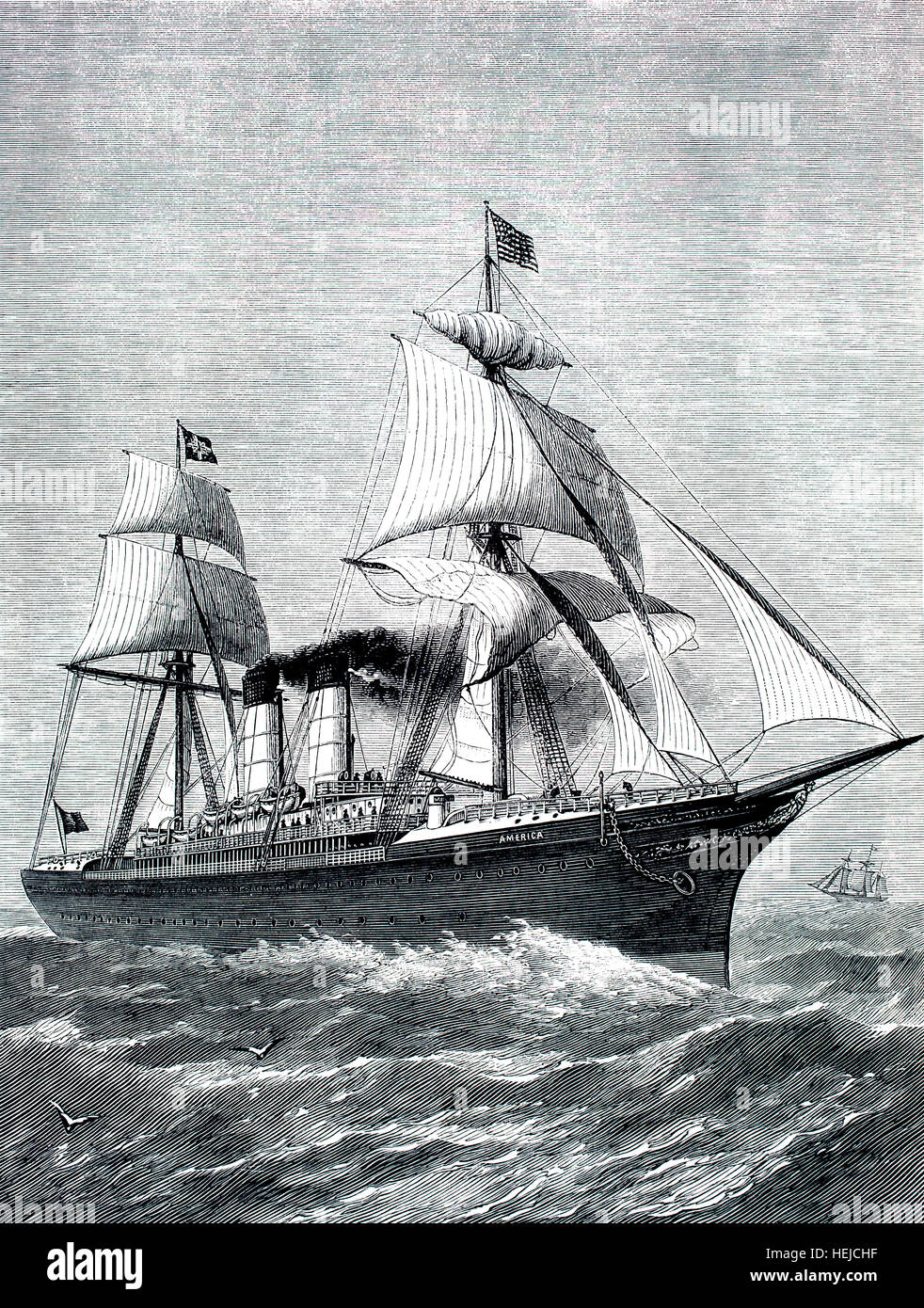 National Line steamship America built 1883 at Glasgow, illustration from 1884 Chatterbox weekly children’s paper Stock Photo