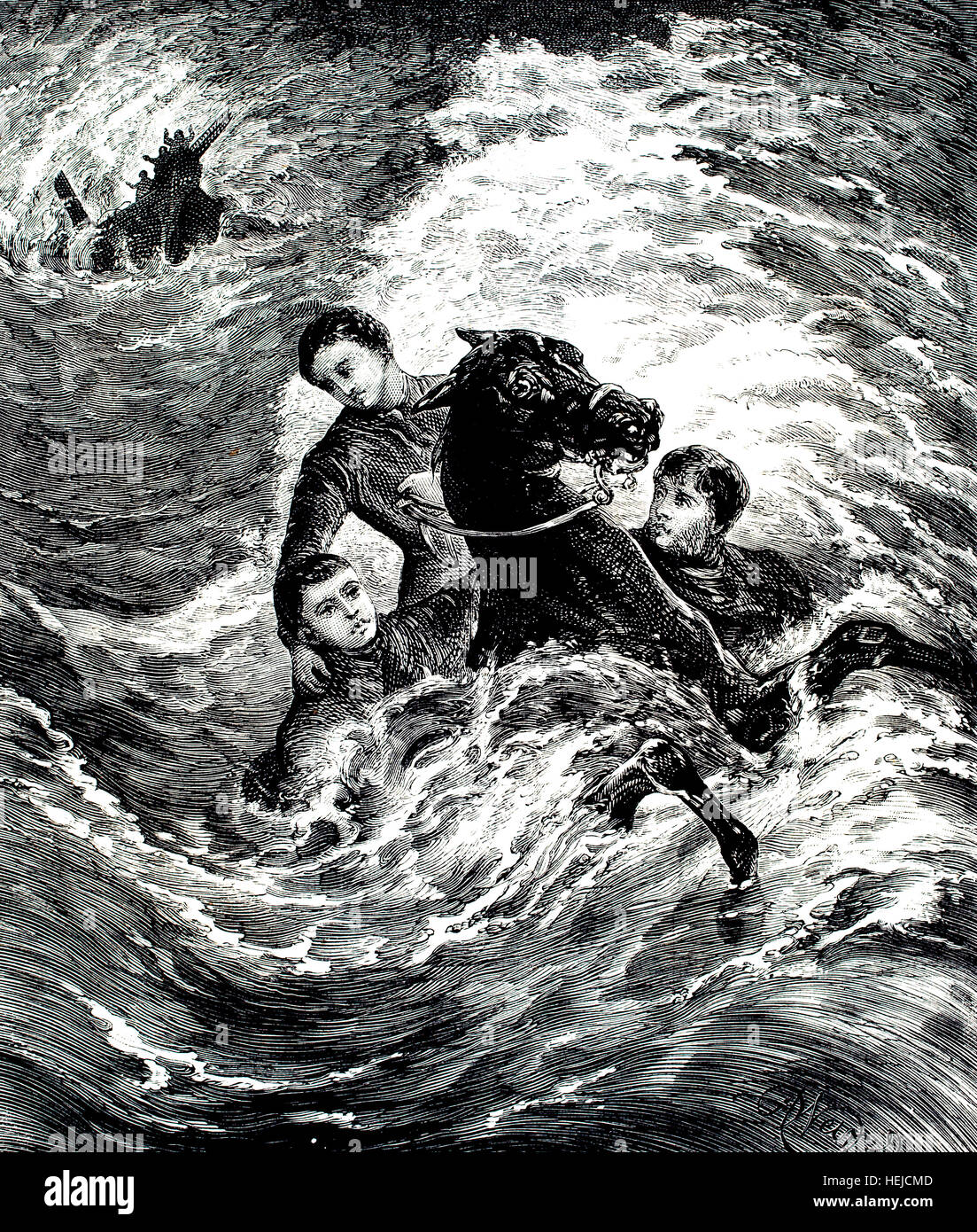 Rescuing Sailors from the Wreck, rescue scene of Cape of Good Hope, illustration from 1884 Chatterbox weekly children’s paper Stock Photo