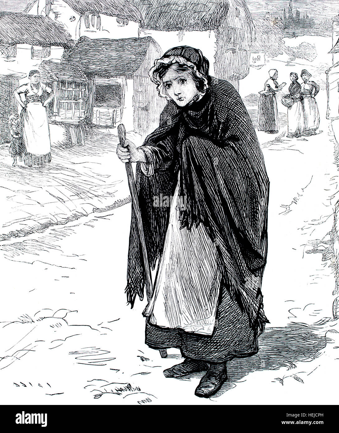 poor woman walking though Victorian village, illustration from 1884 Chatterbox weekly children’s paper Stock Photo