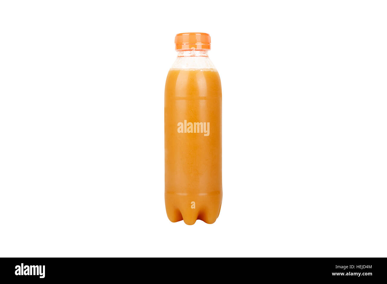 Close up detailed front view of fresh detox juice, orange juice in plastic bottle, isolated on