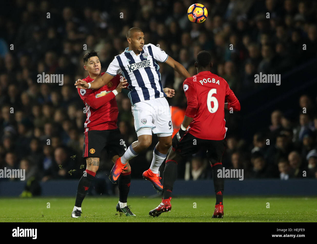 Manchester United's Marcos Rojo, West Bromwich Albion's Jose Salomon  Rondon, and Manchester United's Paul Pogba battle for the ball during the  Premier League match at The Hawthorns, West Bromwich Stock Photo -