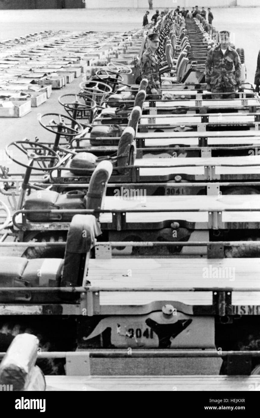 M274 light utility vehicles from the 1st Battalion, 4th Marines, are lined up for inspection at the Marine Corps Air Ground Combat Center. (SUBSTANDARD) M274 mechanical mules lined up, 1983 Stock Photo