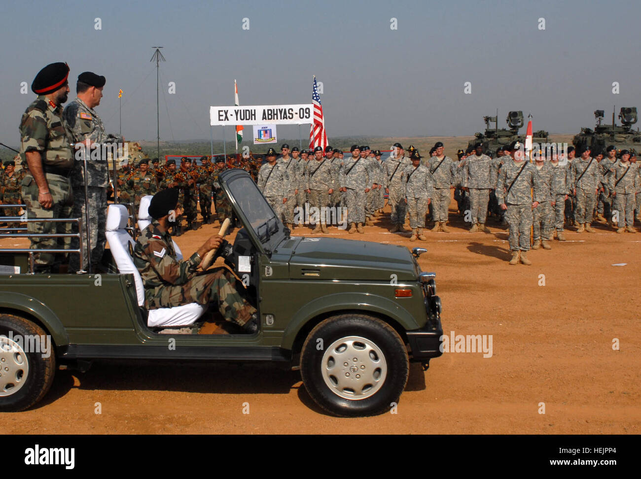 CAMP BUNDELA, India (Oct. 27, 2009)  – Indian Army Lt. Gen. A.S. Sekhon, Indian army director of general military operations, and U.S. Army Lt. Gen. Benjamin R. Mixon, commanding general, U.S. Army, Pacific, conduct a pass and review of the troops during the closing ceremony of Exercise Yudh Abyas 09, a bilateral exercise involving the Armies of India and the United States. (Photo by Staff Sgt. Crista Yazzie, U.S. Army, Pacific Public Affairs) Indian Army Lt. Gen. A.S. Sekhon and U.S. Army Lt. Gen. Benjamin R. Mixon conduct a pass and review of the troops during the closing ceremony of Yudh Ab Stock Photo