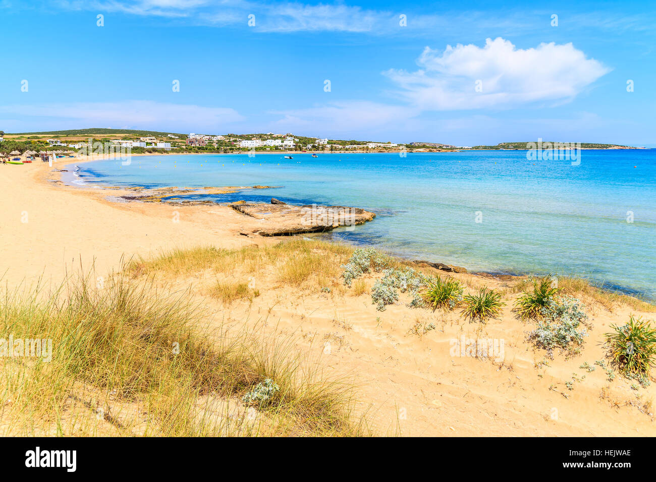 View of beautiful sandy Santa Maria beach with azure sea water on coast of Paros island, Greece Stock Photo