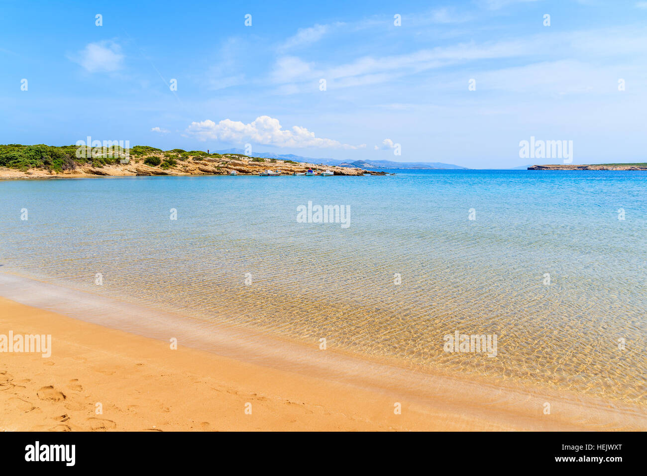 View of beautiful sandy Santa Maria beach with azure sea water on coast of Paros island, Greece Stock Photo