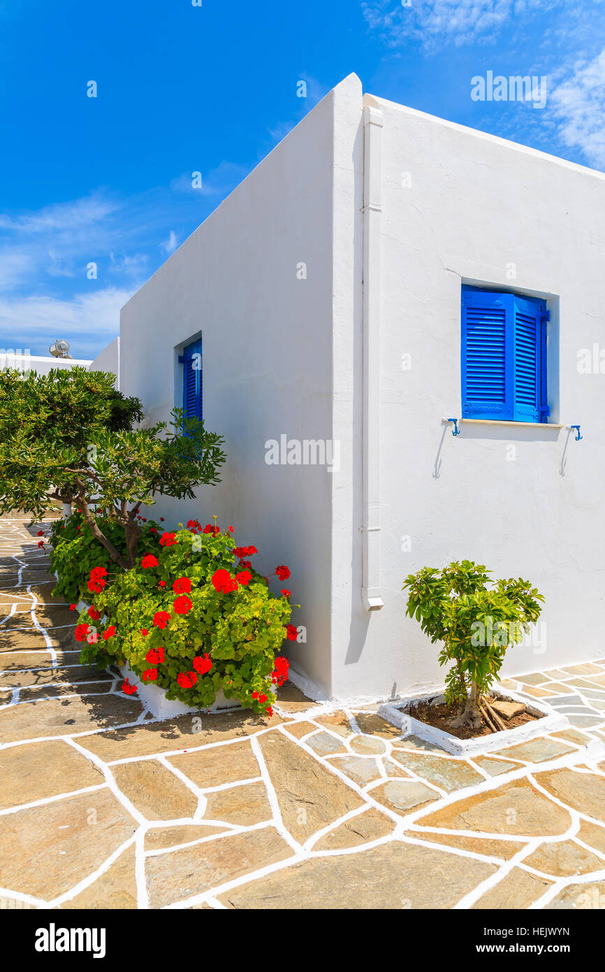 Typical street with Greek style white houses in Santa Maria village, Paros island, Greece Stock Photo