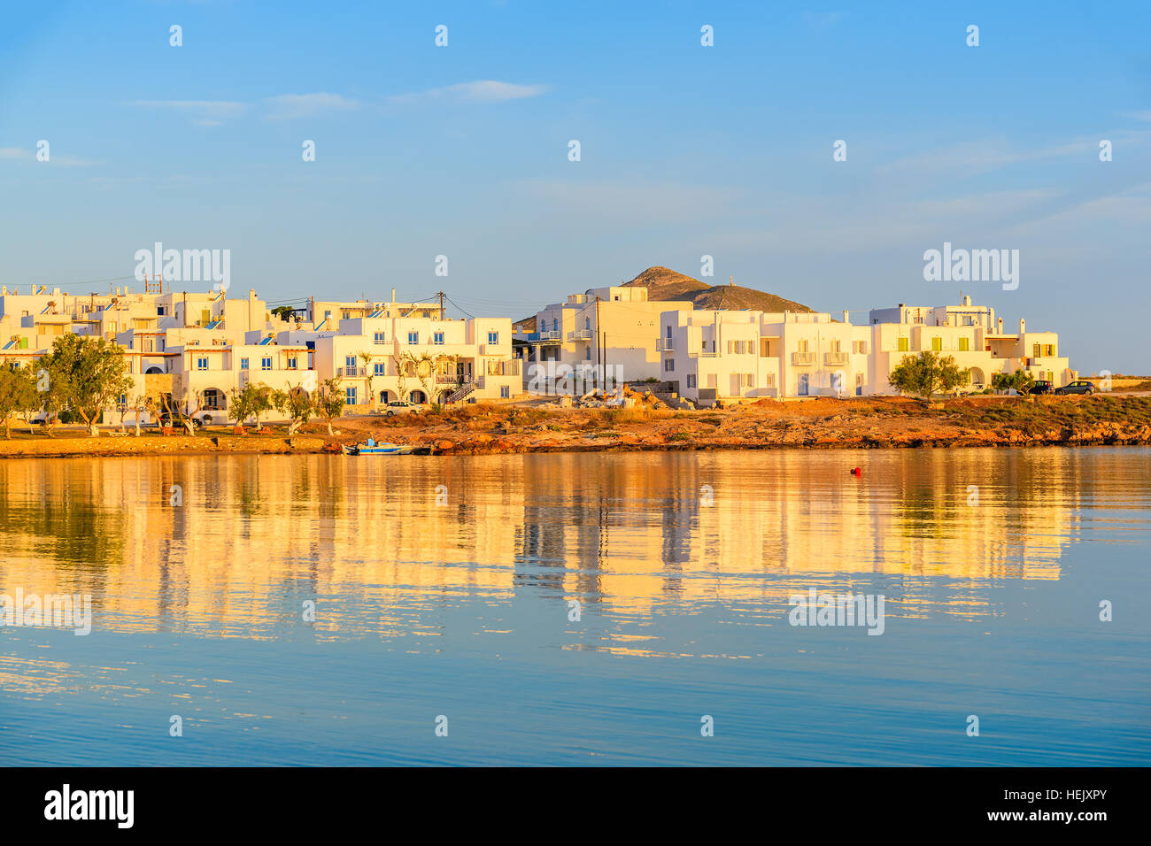 A view of Naoussa village at sunrise time, Paros island, Cyclades, Greece Stock Photo