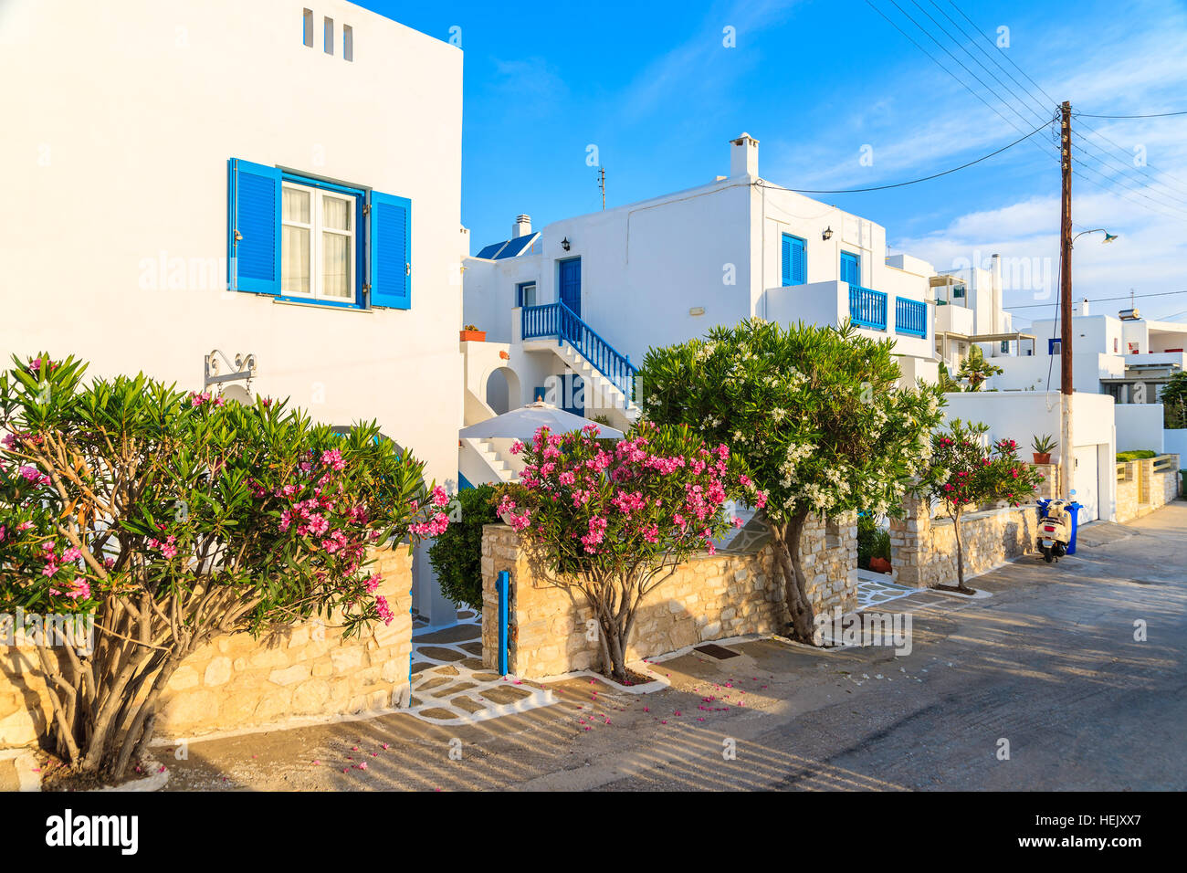 Street with typical Greek houses in Naoussa village on Paros island