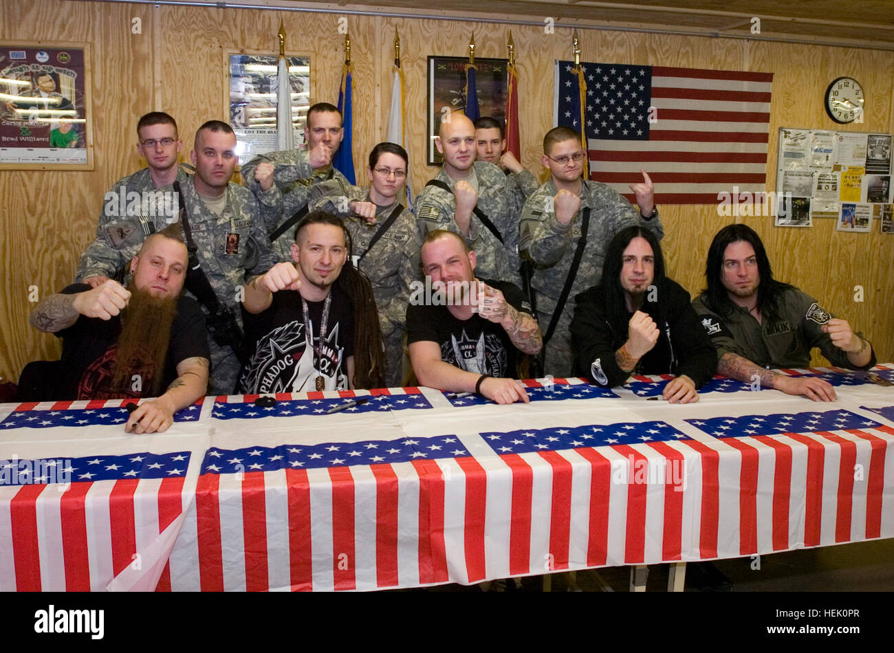 Metal band Five Finger Death Punch performs for U.S. troops at Camp  Stryker, Baghdad, March 3. The band came to Iraq to play a series of shows  for Department of Defense civilians