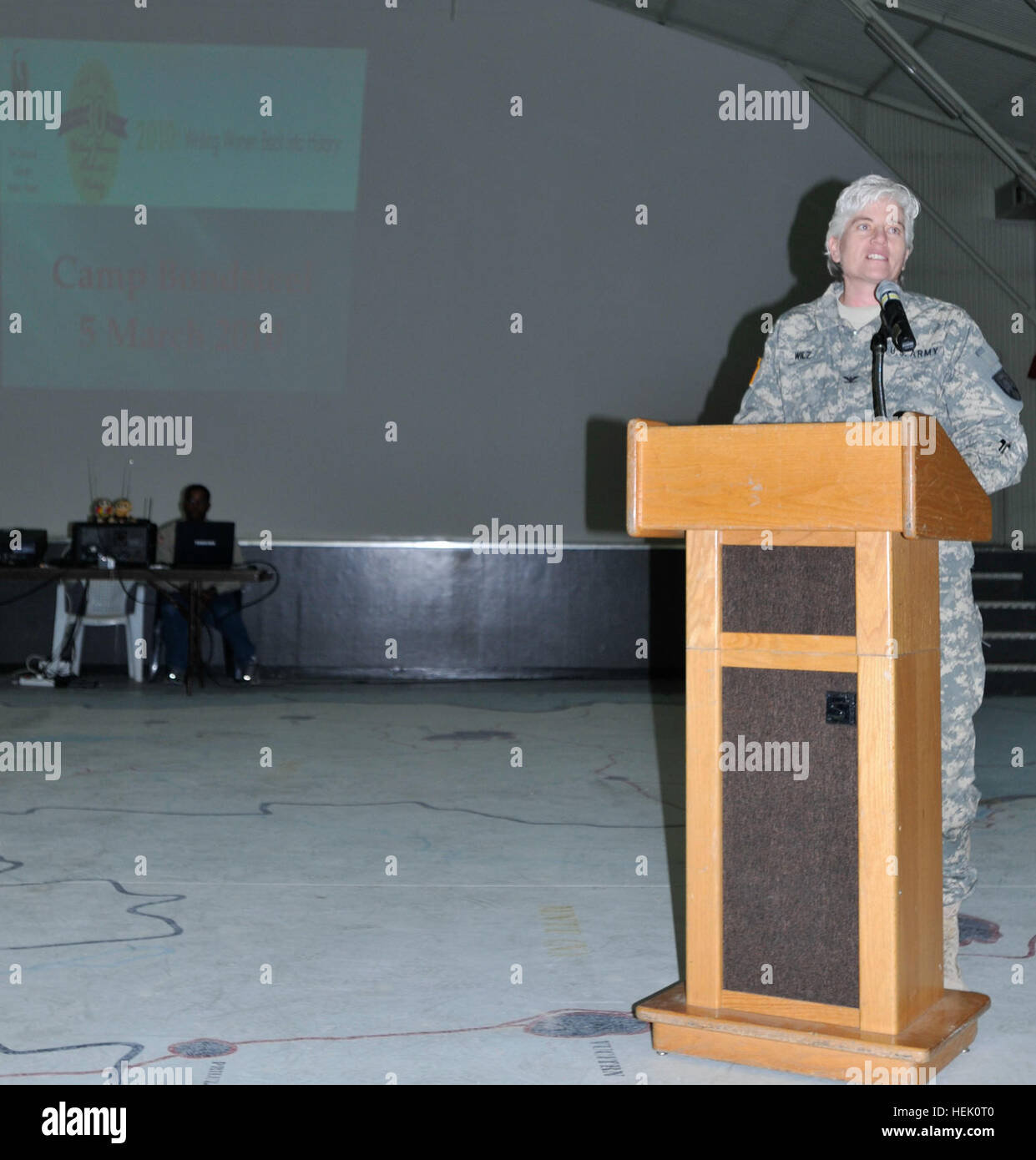 Col. Giselle Wilz, operations officer for Multi-National Battle Group-East, speaks at a March 5, event on Camp Bondsteel, Kosovo, marking Women's History Month. U.S. KFOR observes Women's History Month 257901 Stock Photo