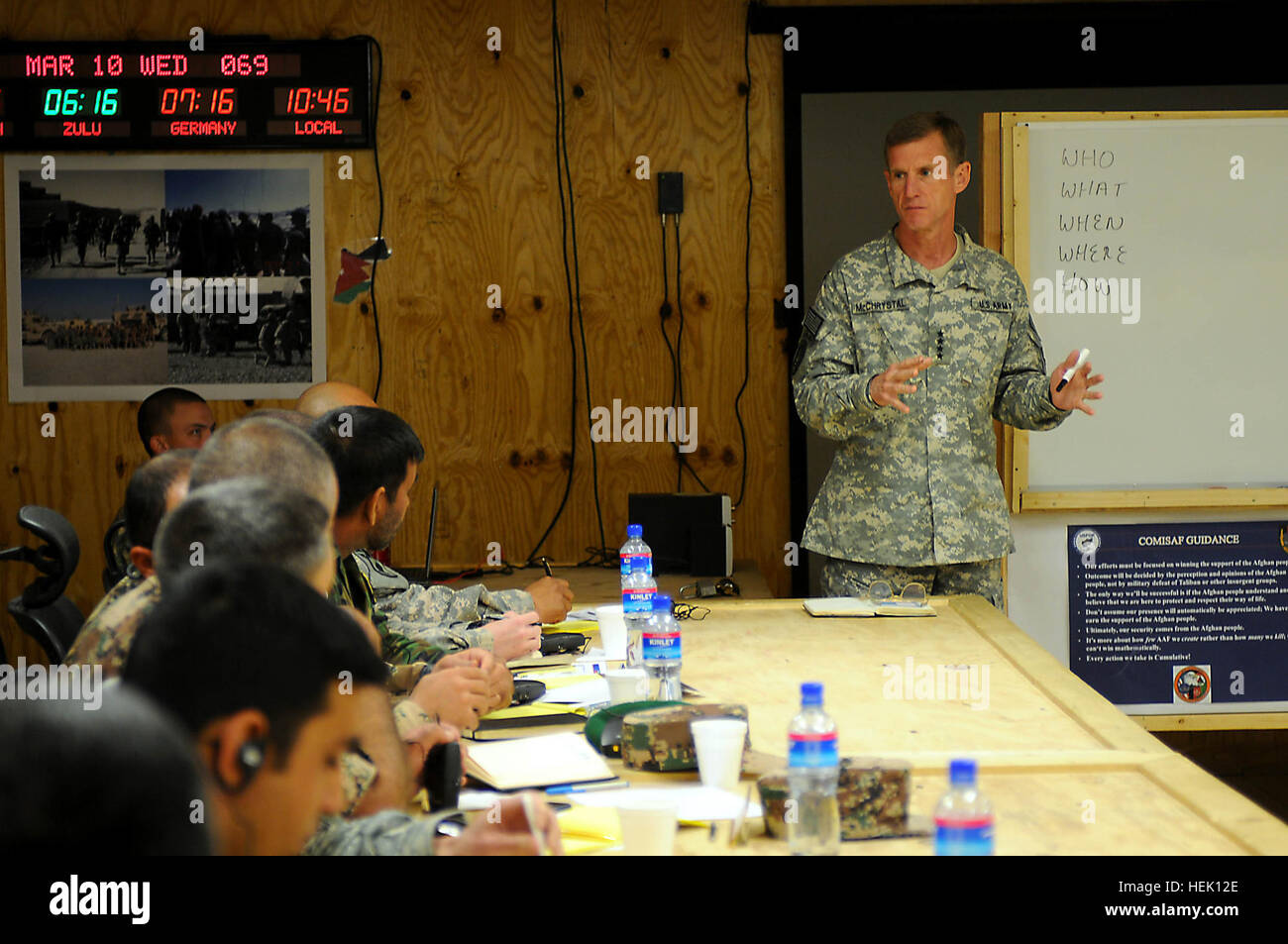 100310-A-0884S-002: LOGAR PROVINCE, Afghanistan – U.S. Army Gen. Stanley McChrystal, commander of International Security Assistance Force speaks to members of Task Force Bayonet during a visit to Forward Operating Base Shank, March 10.  McChrystal discussed current operations and the future of the counter-insurgency fight in Afghanistan.  “Were here, not to fight the war, but were here to win,” said McChrystal.  “And we win through the people.”  (Photo by U.S. Army Pfc. Michael Sword, Task Force Bayonet Public Affairs) ISAF commander talks progress, future at FOB Shank 260553 Stock Photo