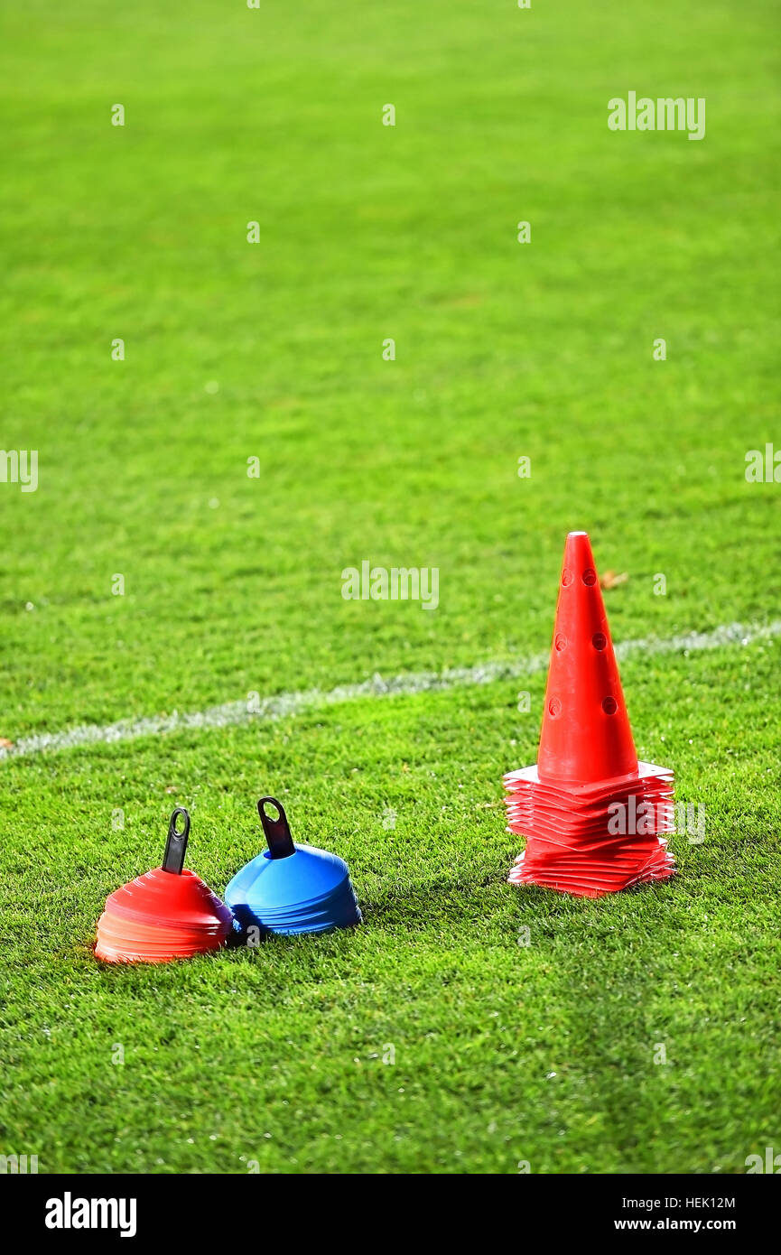 Soccer training cones on artificial green turf Stock Photo Alamy