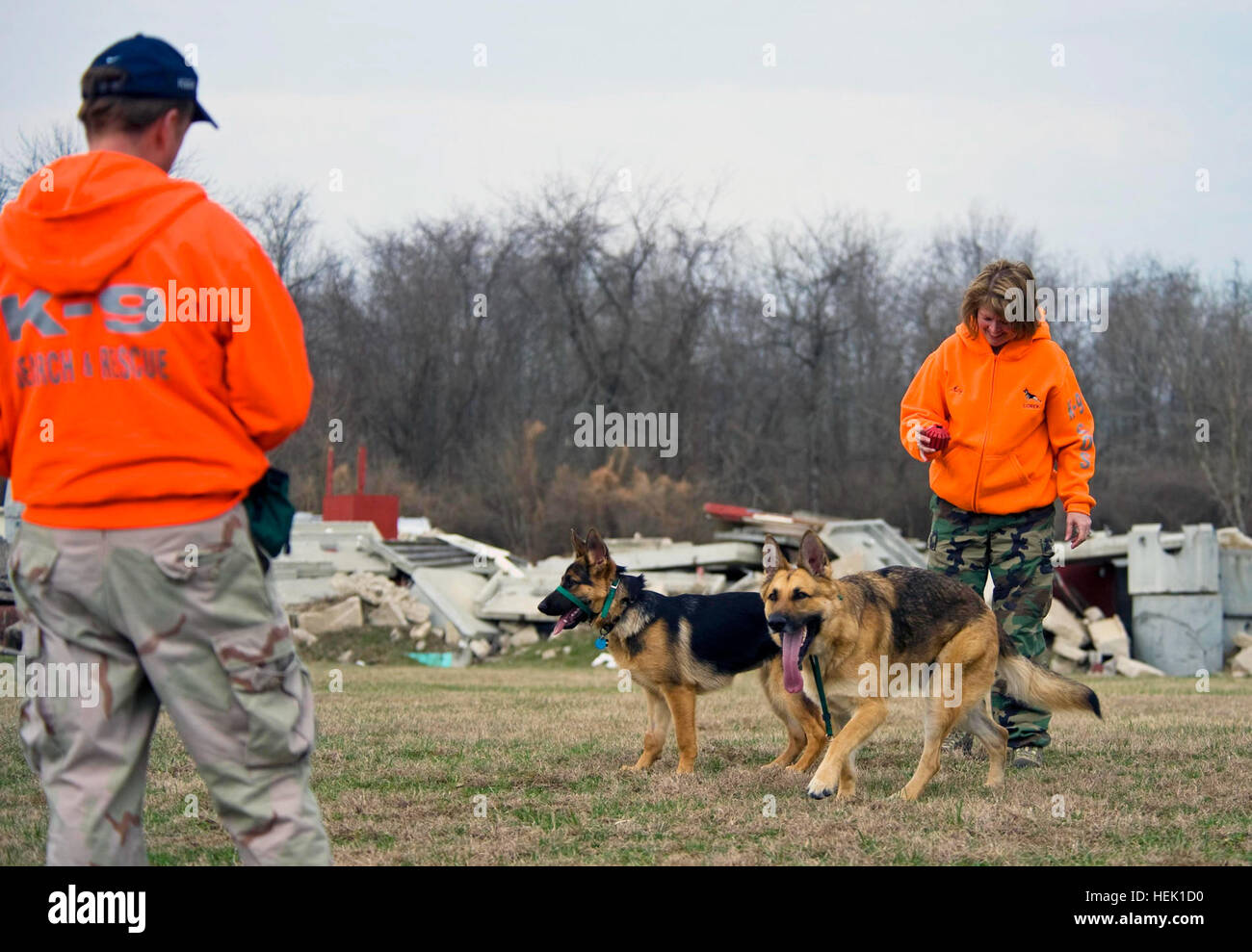 Search and Rescue dogs train with their masters at the Camp Atterbury