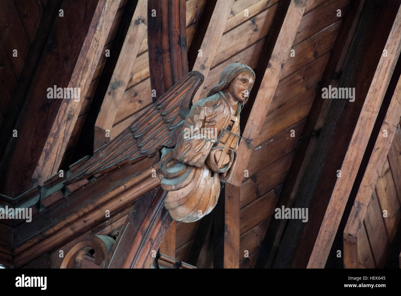 A carved angel in the roof of St.Peter & St.Paul Church, Fakenham, North Norfolk, England UK Stock Photo