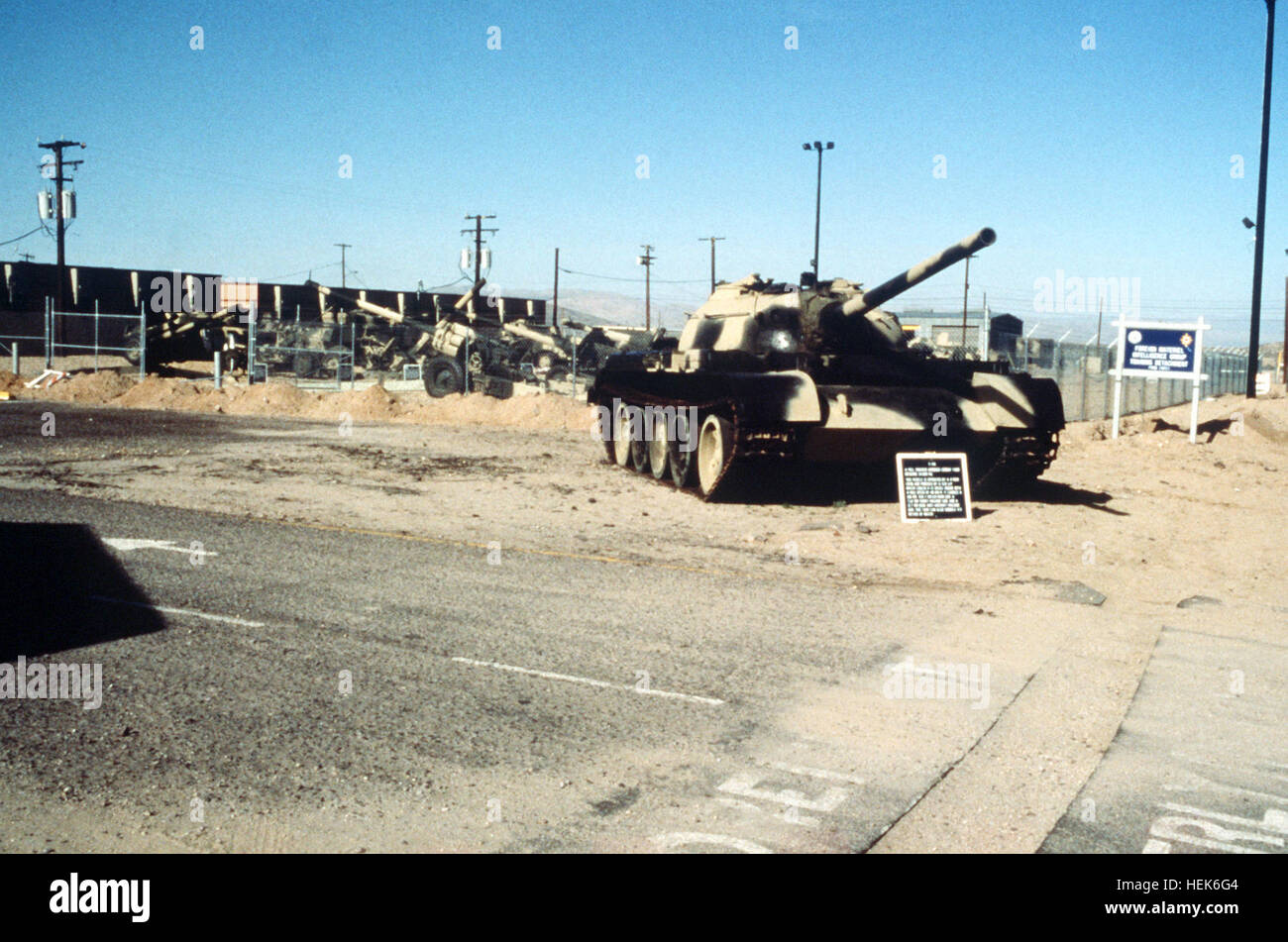 A Soviet-made T-54 main battle tank in desert camouflage on display at the Foreign Materiel Intelligence Group Training Detachment. T-54 tank at the Foreign Materiel Intelligence Group Training Detachment Stock Photo