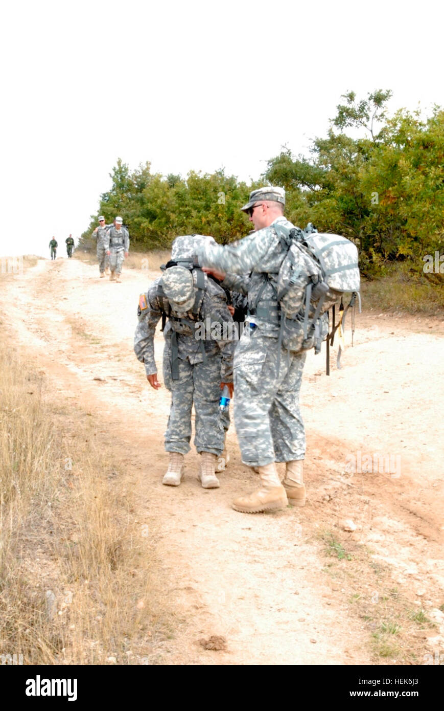Arkansas National Guard Command Sgt. Major Larry Robinson, Pleasant Plains, Ark., Task Force Aviation, Multinational Battle Group East, helps a soldier adjust her backpack during the Dancon March, Oct. 10. The Dancon March is a 26-kilometer (16-mile) march hosted by the Danish military that brings service members from several countries together for social gathering and endurance test. The march has been a tradition since 1972 in whatever area Danish troops are stationed, including Kosovo, Afghanistan and Iraq. Dancon March brings multinational forces together for 26 grueling kilometers 330442 Stock Photo