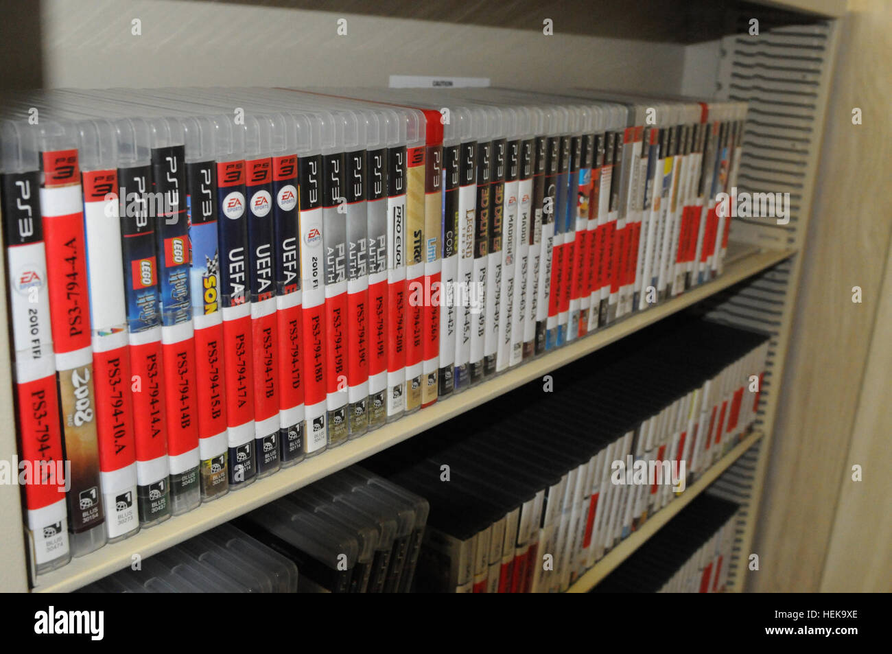 PlayStation video games are made accessible to detainees through the Detainee Library at Naval Station Guantanamo Bay, Cuba, on April 9, 2013. Books, DVDs, games, and magazines are delivered to detention facilities weekly for detainee use. (Photo by Spc. Chalon Hutson.) Hundreds of books in several languages at Detainee Library 130409-A-TE537-023 Stock Photo