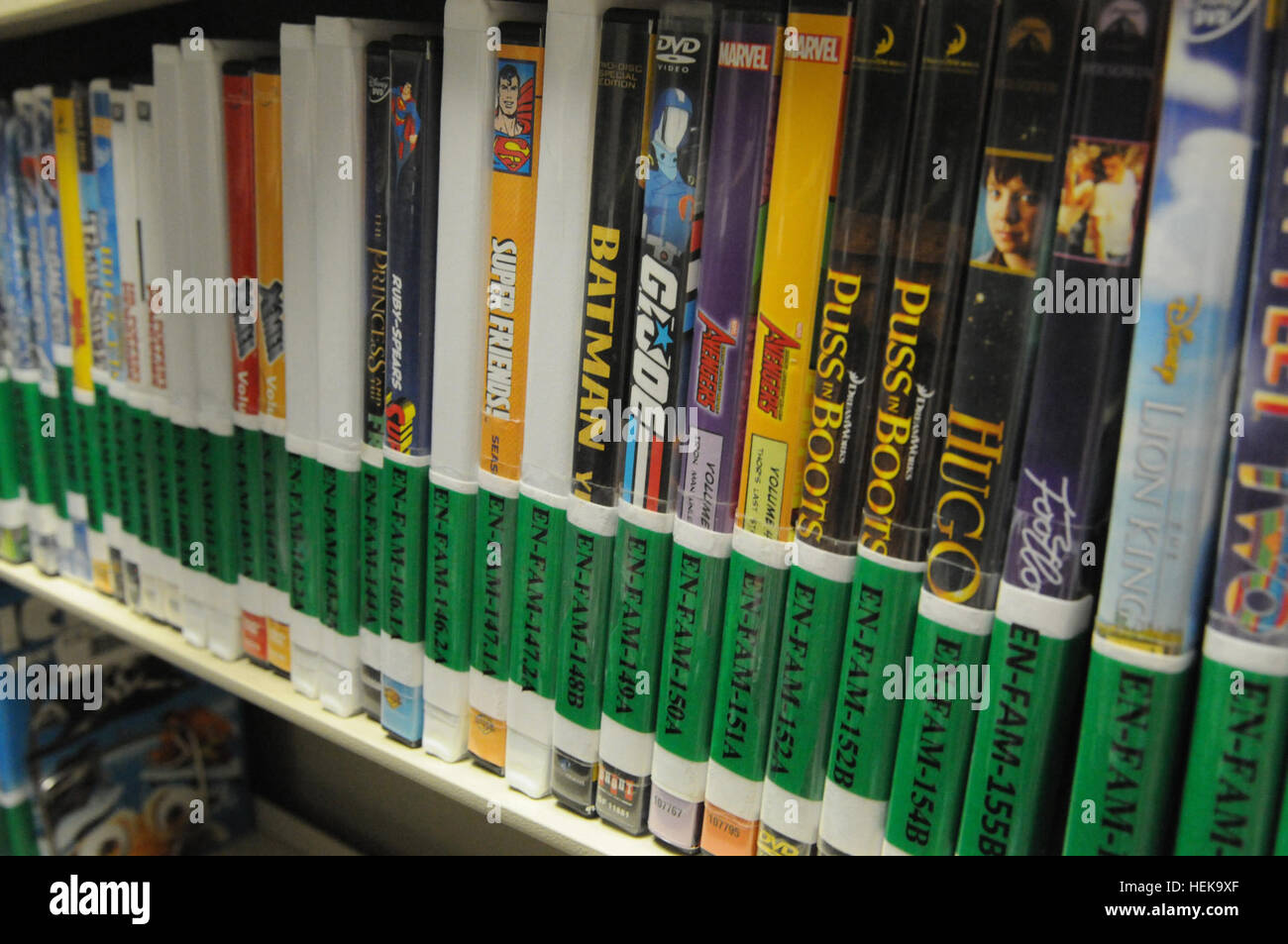 There is a large variety of movies in several languages at the Detainee Library at Naval Station Guantanamo Bay, Cuba, on April 9, 2013. Books, DVDs, games, and magazines are delivered to detention facilities weekly for detainee use. (Photo by Spc. Chalon Hutson.) Variety of movies at Detainee Library 130409-A-TE537-027 Stock Photo