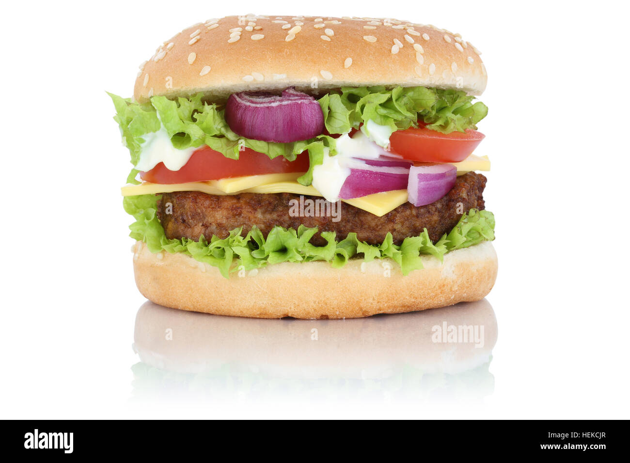 Cheeseburger hamburger lettuce cheese isolated on a white background Stock Photo