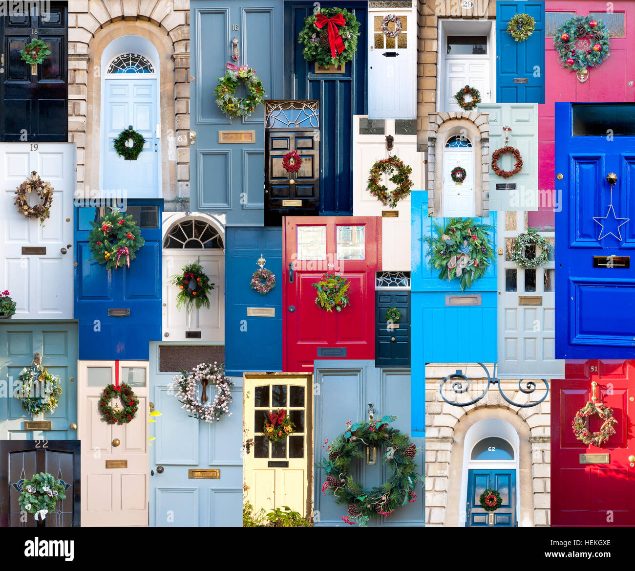 Bath, Somerset, UK.  22nd December 2016. Doors of the spa city decorated with Christmas wreaths. Individual images all photographed today. Credit: Richard Wayman/Alamy Live News Stock Photo