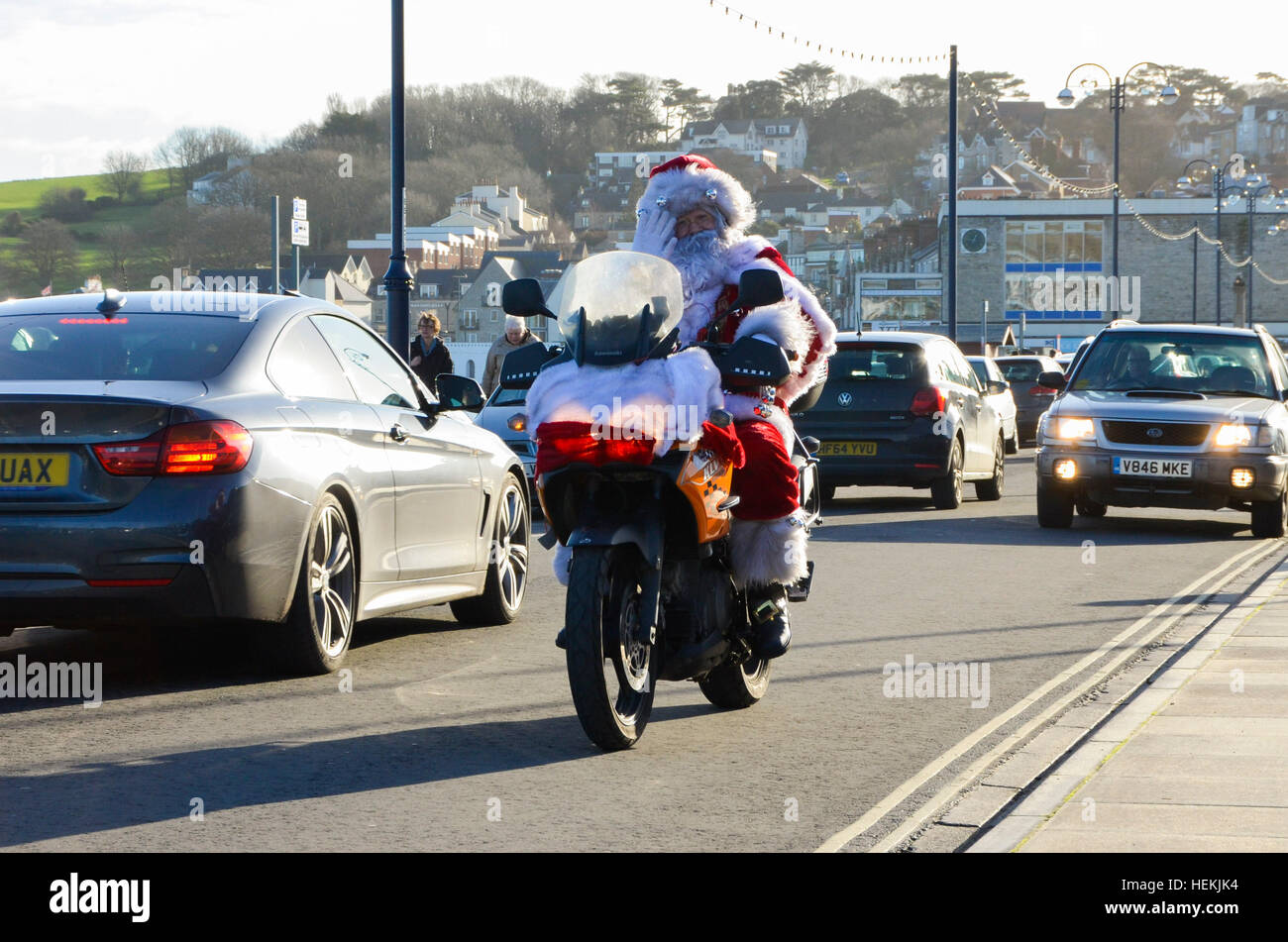 Swanage, Dorset, UK. 22nd December 2016. A motorbiking Father Christmas