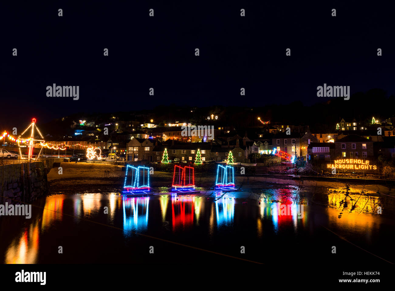 Mousehole Harbour Christmas Lights, Mousehole, Cornwall, UK, December ...