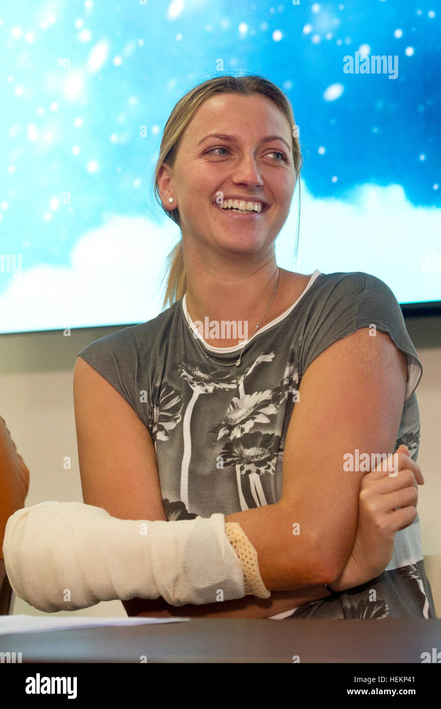 Prague, Czech Republic. 23rd Dec, 2016. Czech twice Wimbledon winner Petra Kvitova, 26, said today she will do everything to return to playing after she underwent an operation on her playing left hand after an attack by an unknown man in her flat in Prostejov, south Moravia, on Tuesday. Kvitova was released from a specialist hospital in Vysoke nad Jizerou, north Bohemia, today. She said "I am feeling well" in Prague, Czech Republic, December 23, 2016. © Michal Kamaryt/CTK Photo/Alamy Live News Stock Photo