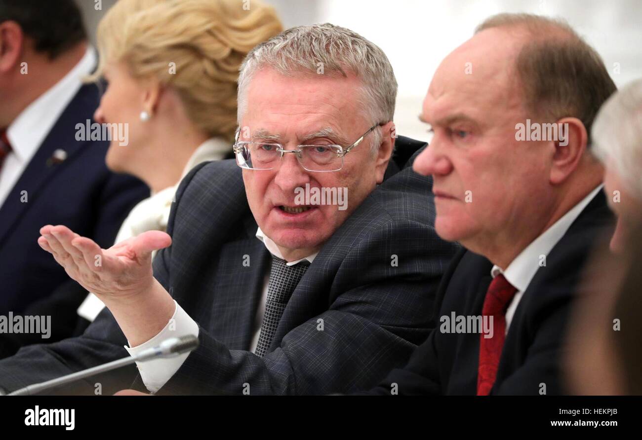 Leader of the Liberal Democratic Party of Russia Vladimir Zhirinovsky, left, and Chairman of the Russian Communist Party Central Committee Gennady Zyuganov during a meeting with members of the Russian Federation Council and State Duma at the Kremlin December 21, 2016 in Moscow, Russia. Stock Photo