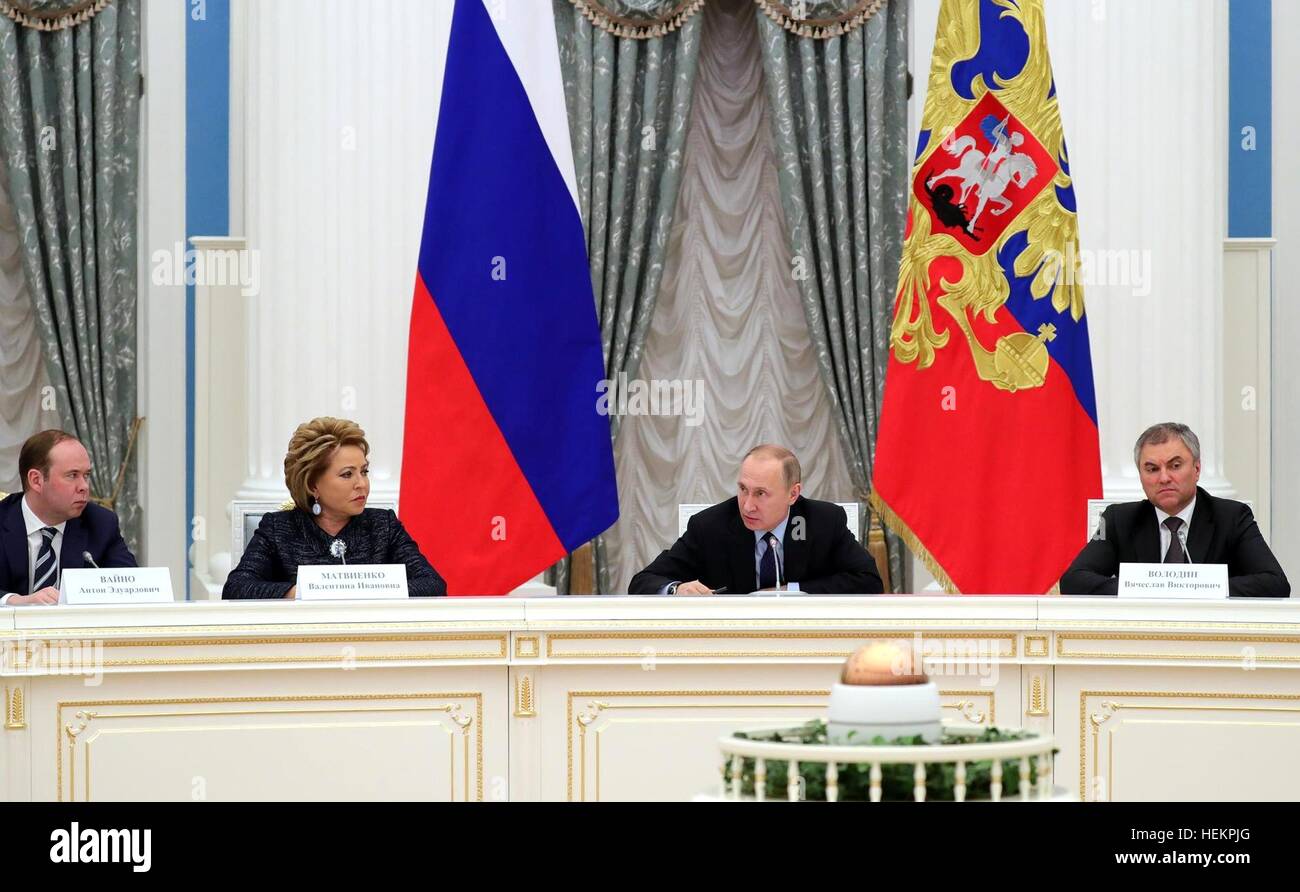 Russian President Vladimir Putin during his meeting with members of the Russian Federation Council and State Duma at the Kremlin December 21, 2016 in Moscow, Russia. Stock Photo