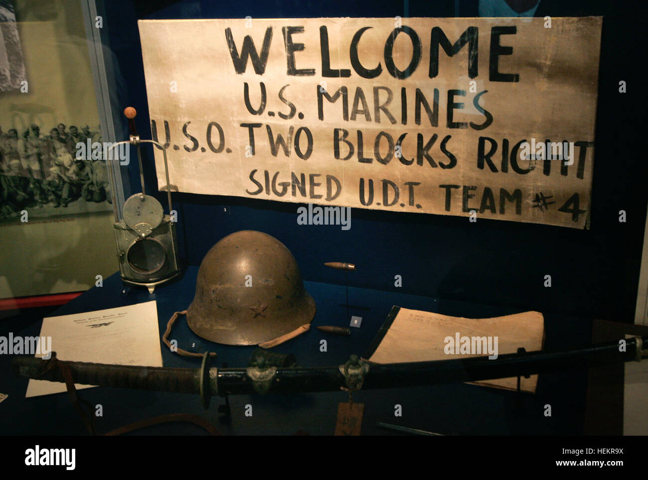 Fort Pierce, Florida, USA. 23rd Dec, 2016. 112707 tc nps seal (4 of 5).0045447A.Photo by David Spencer/The Palm Beach Post.Ft. Pierce.The Navy UDT-SEAL Museum in Fort Pierce recently became the official National Museum of Navy SEALs and Their Predecessors. Here, inside the museum in the World War II exhibition hall, an exhibit features a sign welcoming U.S. Marines to the USO (two blocks right) -signed by UDT Team #4. (underwater demolition team #4). Photo by David Spencer /The Palm Beach Post.11/27/07 (Credit Image: © David Spencer/The Palm Beach Post via ZUM Stock Photo