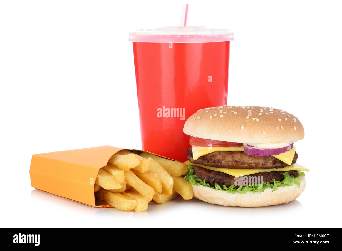 Double cheeseburger hamburger and fries menu meal combo drink isolated on a white background Stock Photo