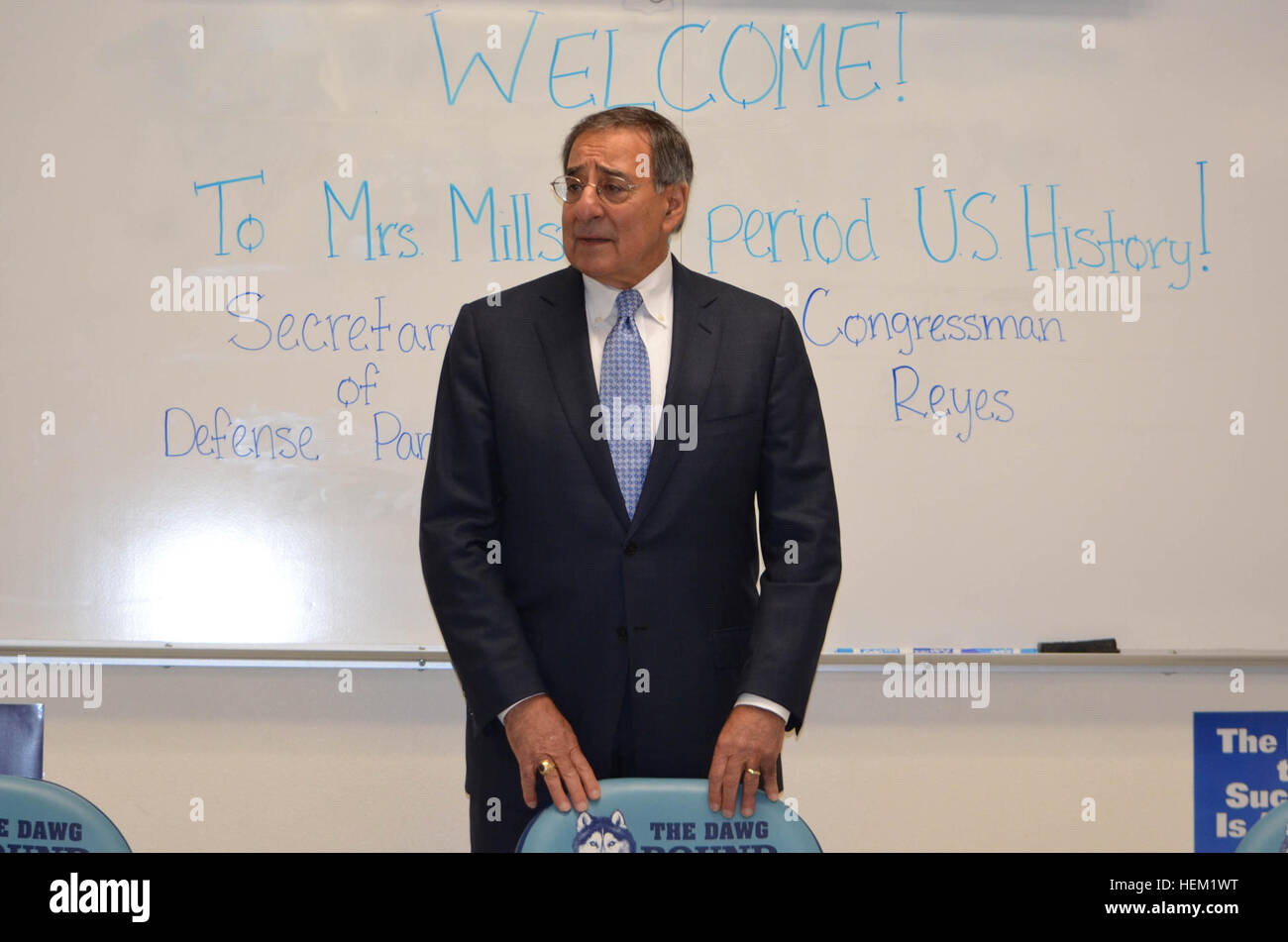 Honorable Secretary of Defense Leon Panetta speaks to students at John L. Chapin High School, El Paso, Texas, Jan. 13, 2012.  Panetta was in town to speak with senior leaders and community members of Fort Bliss. Secretary of Defense visits high school 509546 Stock Photo