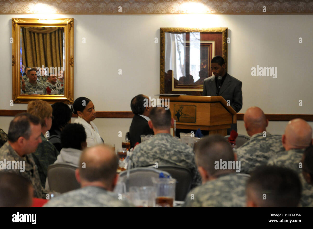 Guest speaker Arraun Anderson addresses an approximately 250 soldiers, family members and friends of the “Mountain Post” about African-American women and their struggles during a Black History Month Observance at the Elkhorn Conference Center on post, Feb. 28, 2012. The 16-year-old spokesman for the National Association for the Advancement of Colored People, Colorado Springs Chapter, reminded the audience of milestones, tragedies and hardships endured by black women in American culture and history. Fort Carson observes African- American-Black History Month 120228-A-LF915-002 Stock Photo