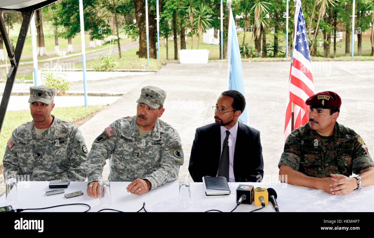 Pictured: (left to right) Lt. Col. John Findley, commander of the Beyond the Horizon Guatemala 2012 (BTH) Partnership for the Americas command and control element (PACCE), the 35th Engineer Brigade, Mo. National Guard; Maj. Gen. Simeon Trombitas, commander of U.S. Army South, lead BTH element; U.S. Embassy in Guatemala's Chief of Mission Bruce Williamson; Guatemalan Minister of Defense Ulises Anzueto, Beyond the Horizon 2012 opening ceremony press conference.  (Photo by Spc. Anthony D. Jones) Missouri Guardsmen kick off humanitarian mission with opening ceremonies in Honduras and Guatemala 120 Stock Photo