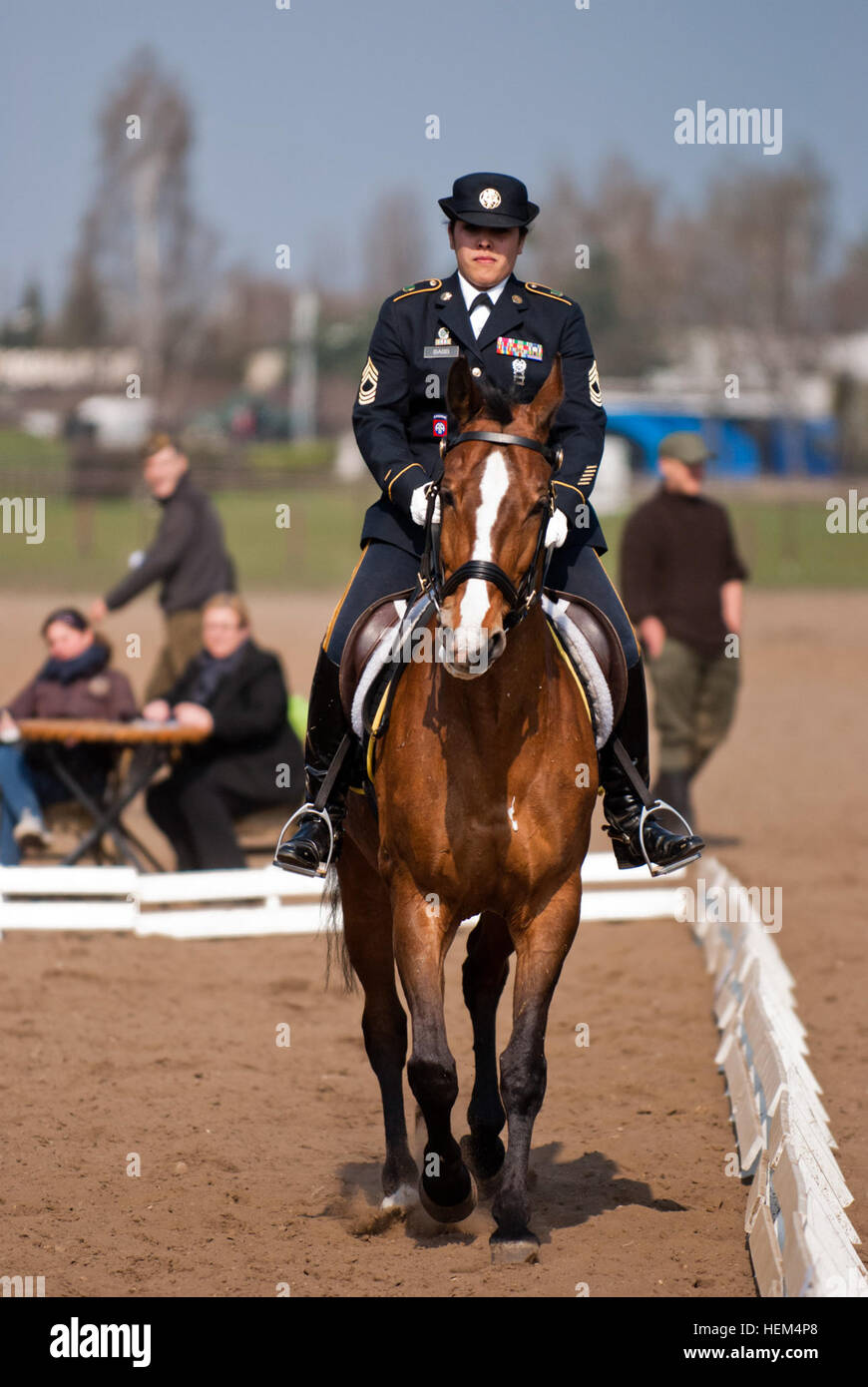 Master Sgt. Cindy Babb, from the U.S. Army Reserve’s 200th Military Police Command, participates in the dressage portion of the 2012 World Cavalry Championships in Poznan, Poland on April 19. Twenty-four competitors from Poland, Germany, United States and other countries competed in the inaugural event that was held April 18-22, 2012. Babb is a training noncommissioned officer based at the Fort Meade, Md. Command. 2012 World Cavalry Championships 561564 Stock Photo