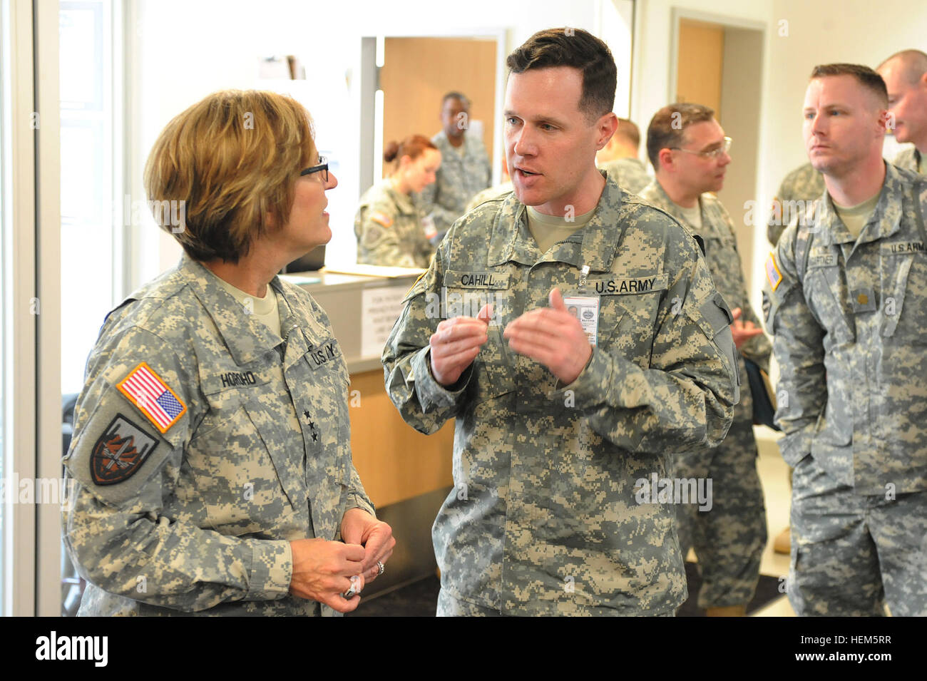 Captain  Brian P. Cahill, 2nd Cavalry Regimental Nurse, briefs Lieutenant General Patricia D. Horoho, 43rd surgeon general of the United States Army and Commander, US Army Medical Command about the implementation of the Military Health System's electronic health record, AHLTA, in the Troop Medical Clinic at  Rose Barracks, Germany on May 09, 2012.  Implementing the EHR at the TMC allows the Regiment's medical providers to document soldier medical care, which can be viewed at any Military Medical Treatment Facility in the world.  Under the new system, soldiers who require care at facilities, in Stock Photo