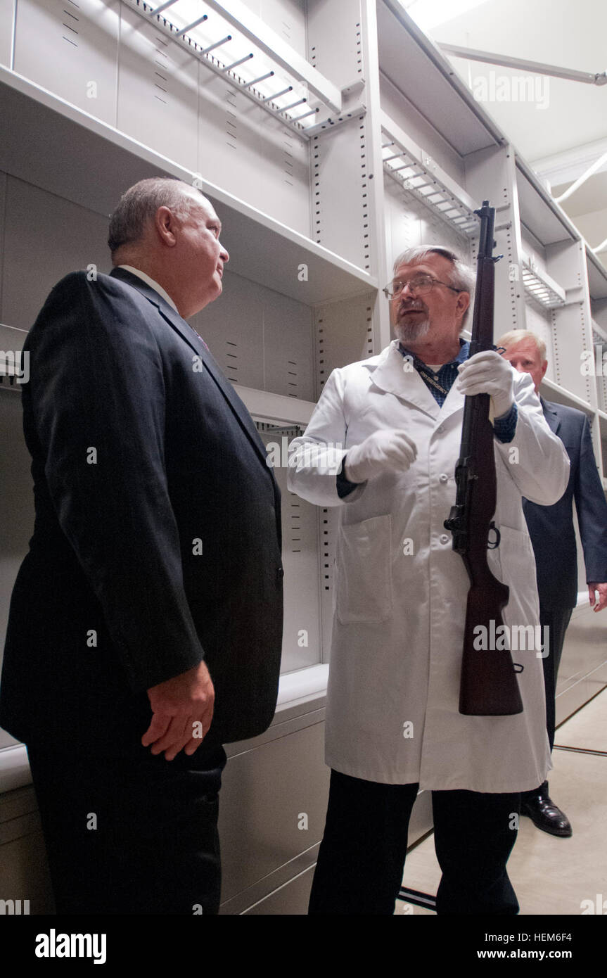 James Speraw, Army curator, shows Under Secretary of the Army Joseph W. Westphal a T3E2 Semi-Automatic, Caliber .276 Experimental Rifle at the U.S. Army Center of Military History's Museum Support Center Facility, May 30, 2012, at Fort Belvoir, Va. This rifle, developed by John Garand at Springfield Armory, was the precursor to the M1 rifle of World War II fame.  Westphal visited the Museum Support Center Facility to gain situational awareness and view the impressive collection of over 16,000 pieces of American history housed in the state-of-the-art facility. Preserving and protecting Army his Stock Photo