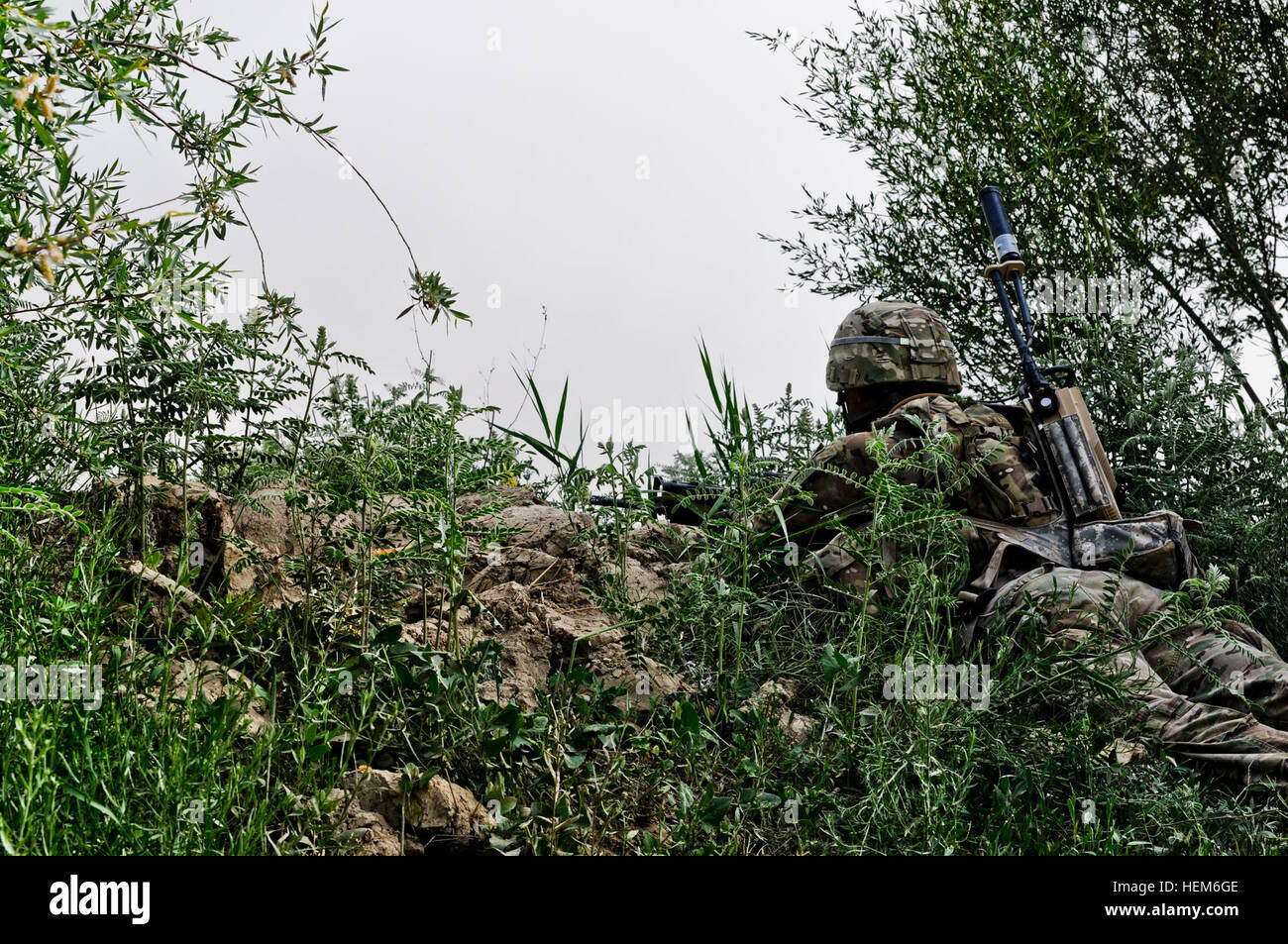 A paratrooper with 3rd Platoon, Dog Company, 3rd Battalion (Airborne), 509th Infantry Regiment, Task Force 3-509, conducts rear security during a patrol outside Omar Kala near Combat Outpost Zormat, May 30. TF 3-509 and the Afghanistan National Army were on a joint patrol mission throughout the local villages near Combat Outpost Zormat to disrupt insurgent activity and enroll military age men into the database. Dog Company stands strong with ANA 120530-A-ZD229-332 Stock Photo