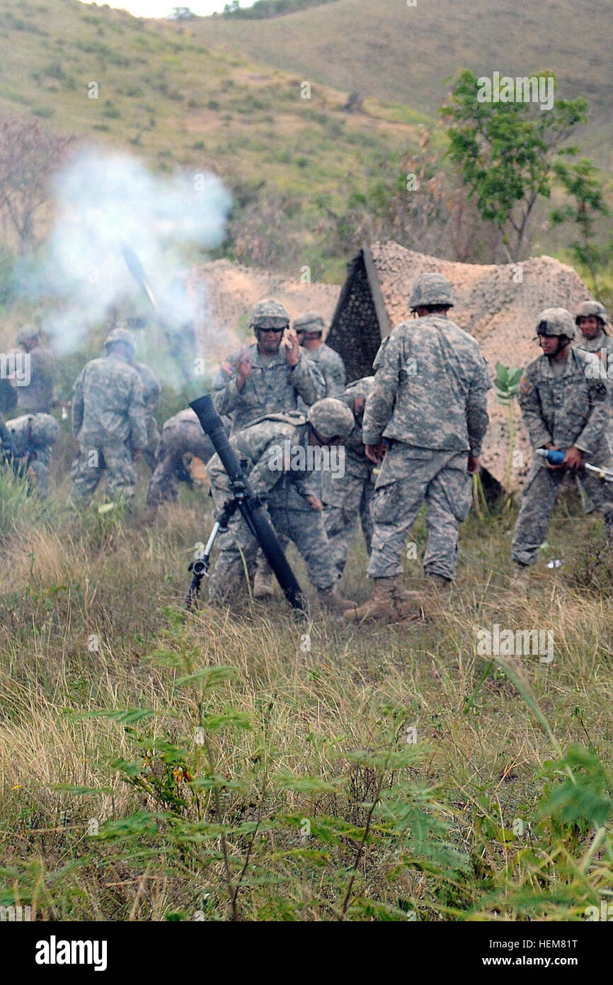 Mortarmen from the Puerto Rico National Guard, 1st Battalion, 296th Infantry Regiment, 101st Troop Command, hone their skills during a 'fire for effect' exercise at Camp Santiago Joint Maneuver Training Center July 12. The soldiers of 101st TC are currently undergoing their annual training in which Army warrior tasks, battle drills and training related to their military occupational skills are put into practice, in order to maintain proficiency and be familiar with the equipment they will handle in the event of a deployment. 1st Battalion, 296th Infantry Regiment, 101st Troop Command executes  Stock Photo