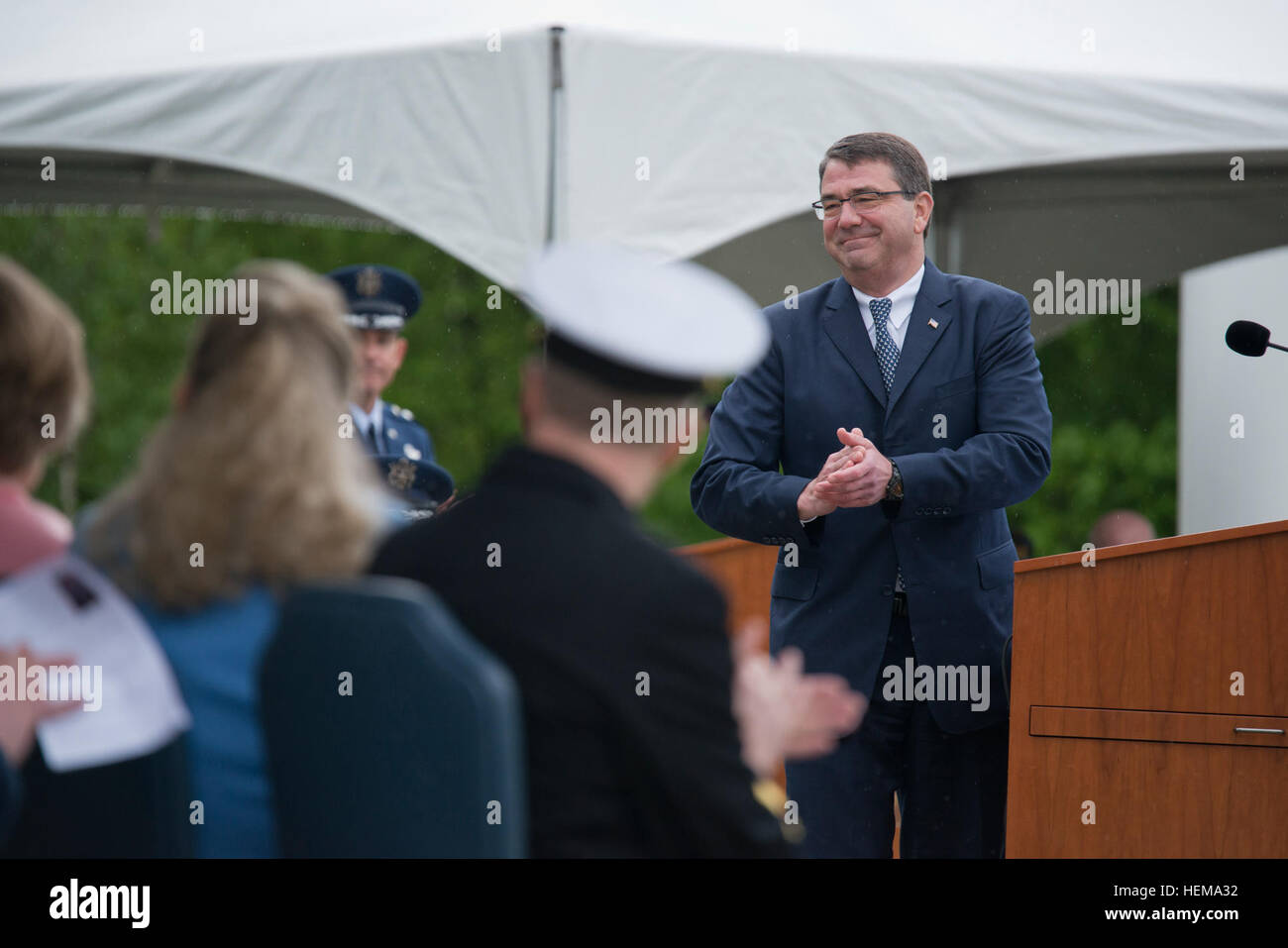 Dr. Ashton B. Carter, right, the deputy secretary of defense, addresses the audience at the European Command change of command ceremony at Washington Square of Patch Barracks in Vaihingen, Germany, May 10, 2013. (U.S. Army photo by Eric Steen/Released) EUCOM change of command 130510-A-IO573-003 Stock Photo