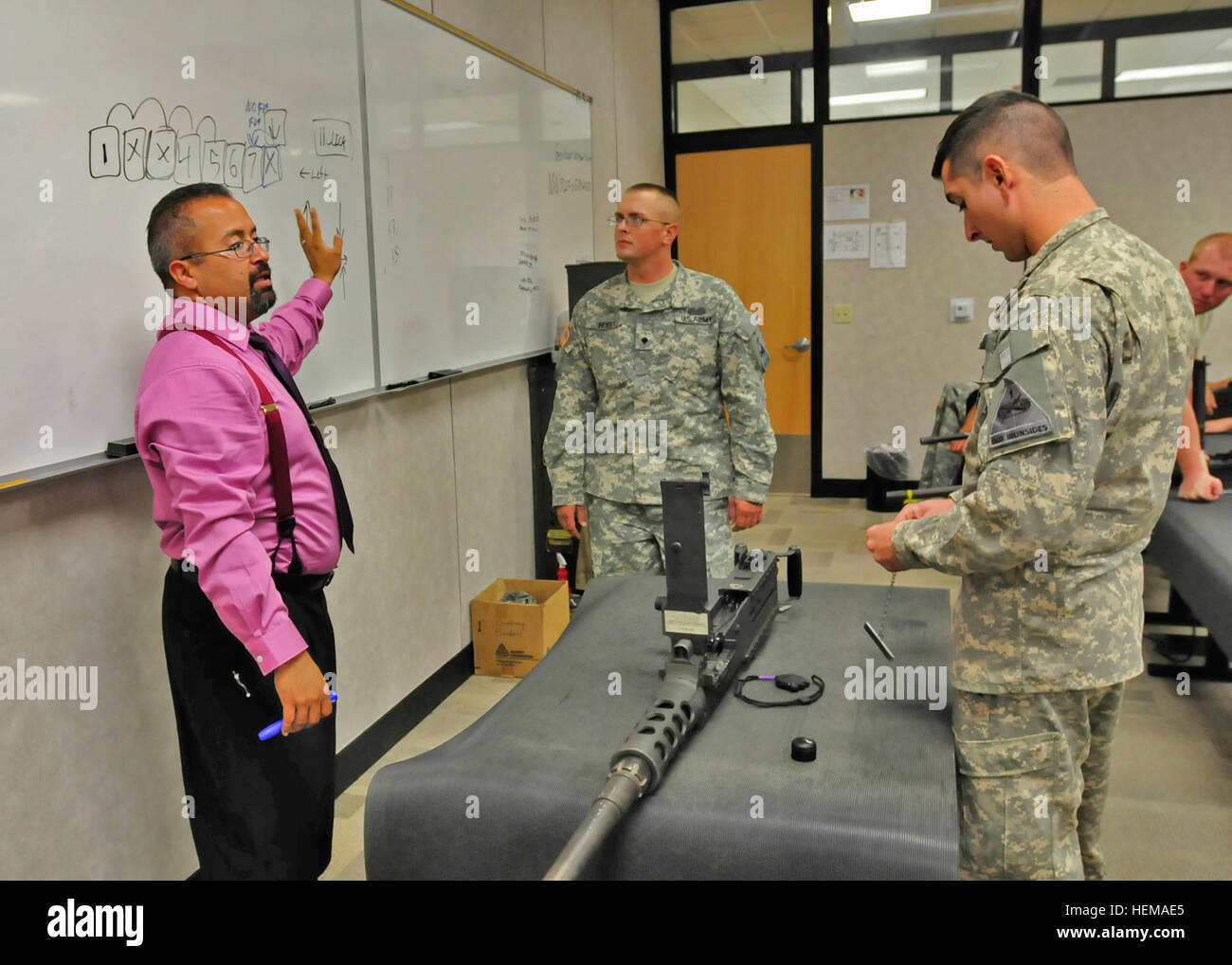 Victor Prieto, (left), a native of El Paso, Texas and weapons instructor at the troop school on Biggs Army Airfield instructs Soldiers on the proper disassembly of an M2 heavy machine gun. During the two-week unit armorer course service members are taught how to perform unit-level maintenance of weapons and how to properly run their unit arms room. Unit armorer course prepares service members to maintain an arms room 757072 Stock Photo