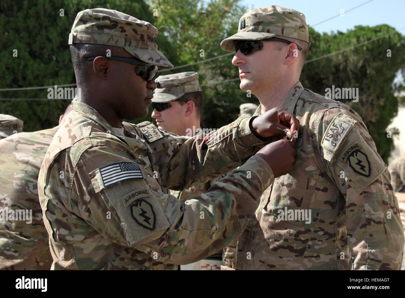 U.S. Army Capt. Gibbs with 425th Brigade Special Troops Battalion (Airborne), Task Force 4-25, is awarded the Bronze Star Medal by U.S. Army Lt. Col. Frank Smith, battalion commander for 425th Brigade Special Troops Battalion (Airborne), on Forward Operating Base Salerno, Khost province, Afghanistan, Sept. 29, 2012. Award ceremony 120929-A-PO167-045 Stock Photo