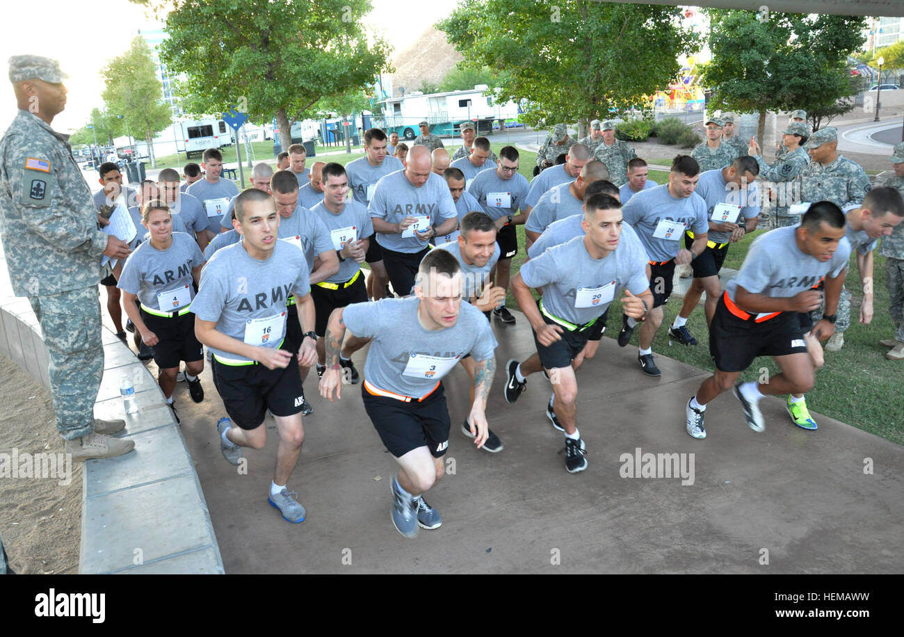 Soldiers participate in the two-mile run as part of the Army Physical ...