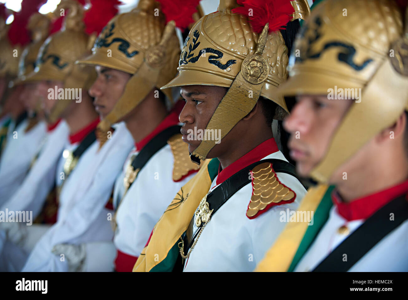 Brazilian soldiers wear traditional uniforms during a formal welcome  ceremony for U.S. Army Gen. Raymond T. Odierno, chief of staff of the Army,  at the Brazilian Army Headquarters in Brasilia, Brazil, Nov.