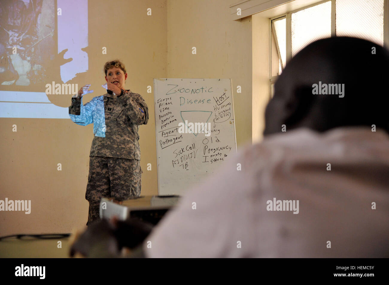 U.S. Army Capt. Heather Stone, 448th Civil Affairs Battalion Functional Specialty Team veterinarian officer in charge, facilitates a class on zoonotic diseases during the classroom instruction portion of the One Health training held Nov. 18 to 27, 2012. Soldiers from Combined Joint Task Force-Horn of Africa partnered with local Ugandan leadership, Makerere University, the Uganda People's Defense Force and the U.S. Agency for International Development to help strengthen the capabilities and knowledge of Ugandan veterinarian and public health workers. (U.S. Army photo by Staff Sgt. Shejal Puliva Stock Photo