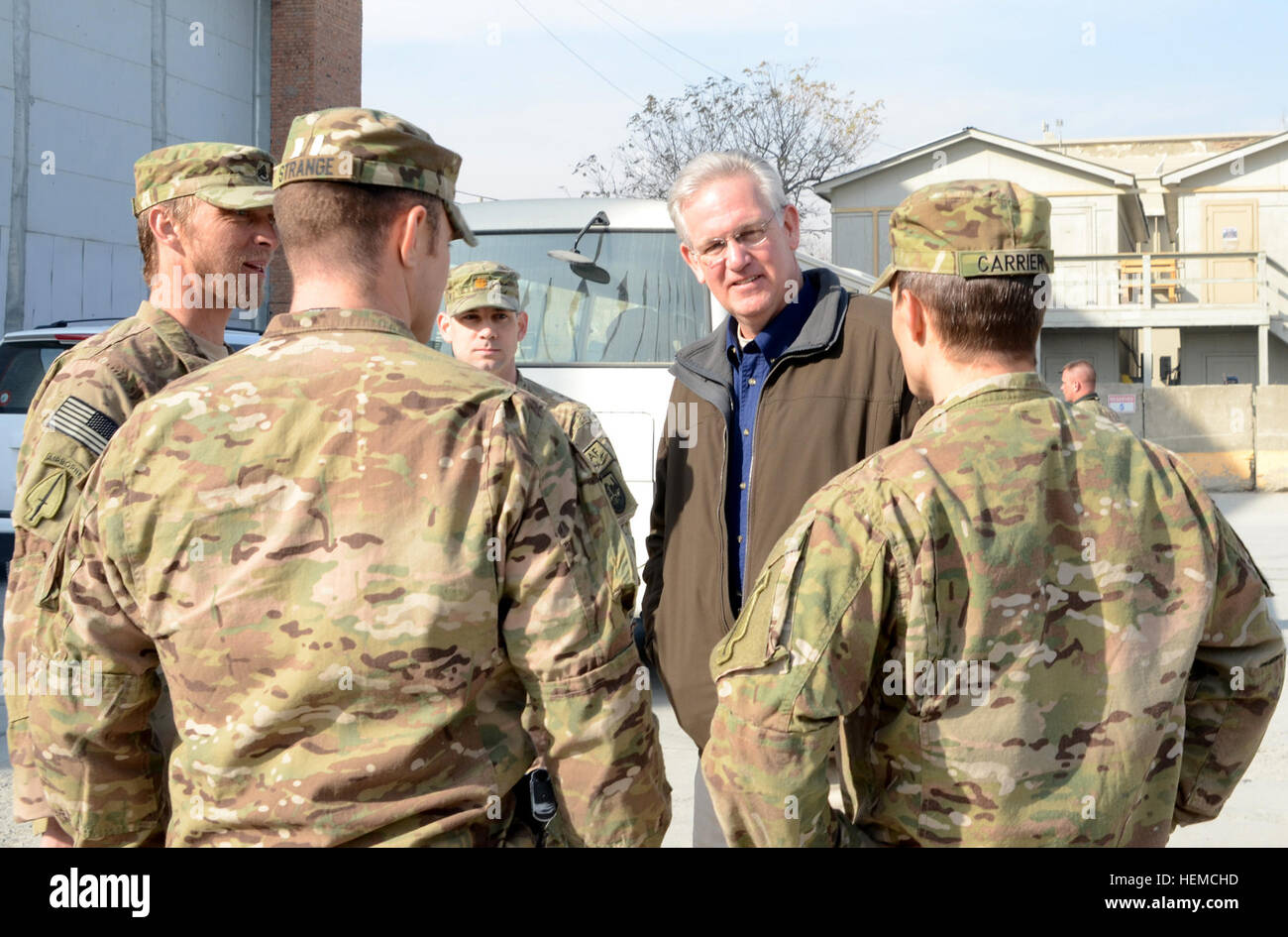 Missouri Gov. Jeremiah W. Nixon visits with soldiers from Missouri who are currently deployed to Afghanistan at Bagram Air Field, Afghanistan, Dec. 6, 2012. (U.S. Army photo by Staff Sgt. David J. Overson, 115th Mobile Public Affairs Detachment) Governors visit troops at Bagram Air Field 121206-A-RW508-005 Stock Photo