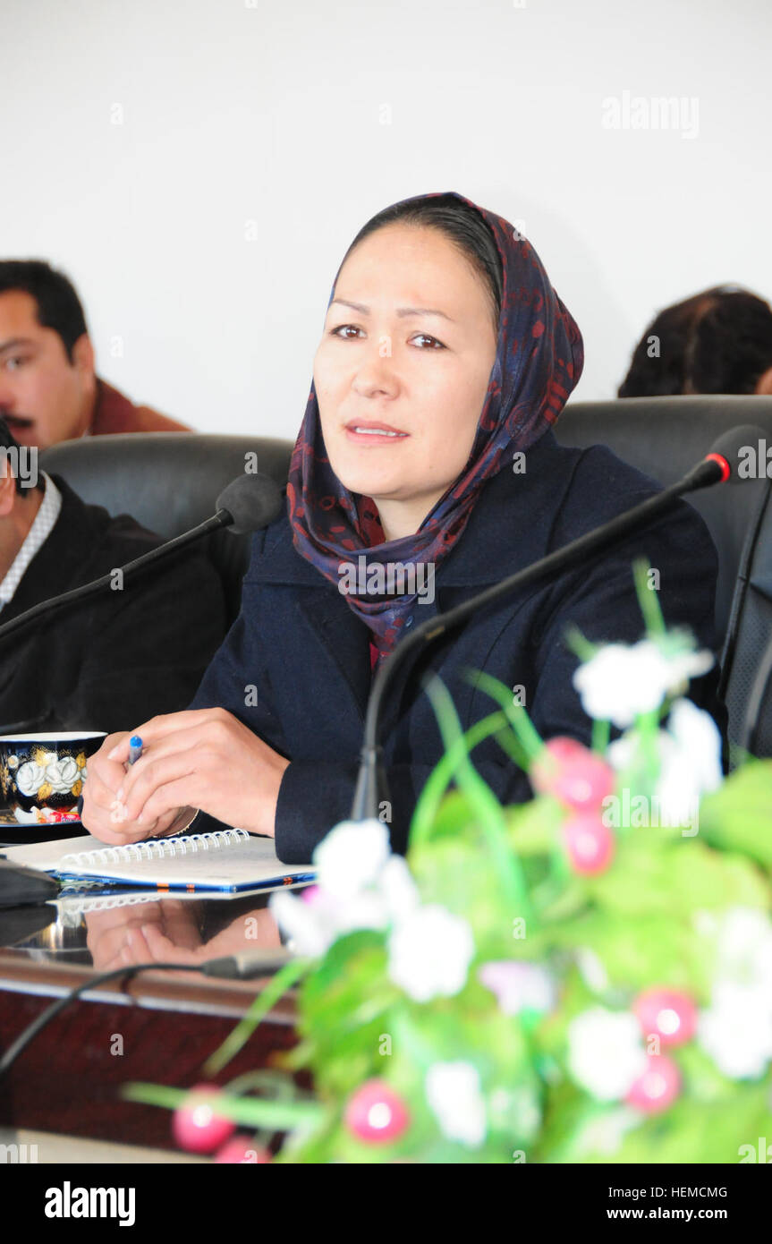 Azra Jafari, Nili Mayor addresses the audience at a shura discussing government assistance projects for females needed throughout the Day Kundi community during a coalition forces assessment visit Dec. 10, 2012 at Nili, Afghanistan. (U.S. Army Photo by Sgt. 1st. Class Theresa Gualdarama) Azra Jafari in 2012 Stock Photo