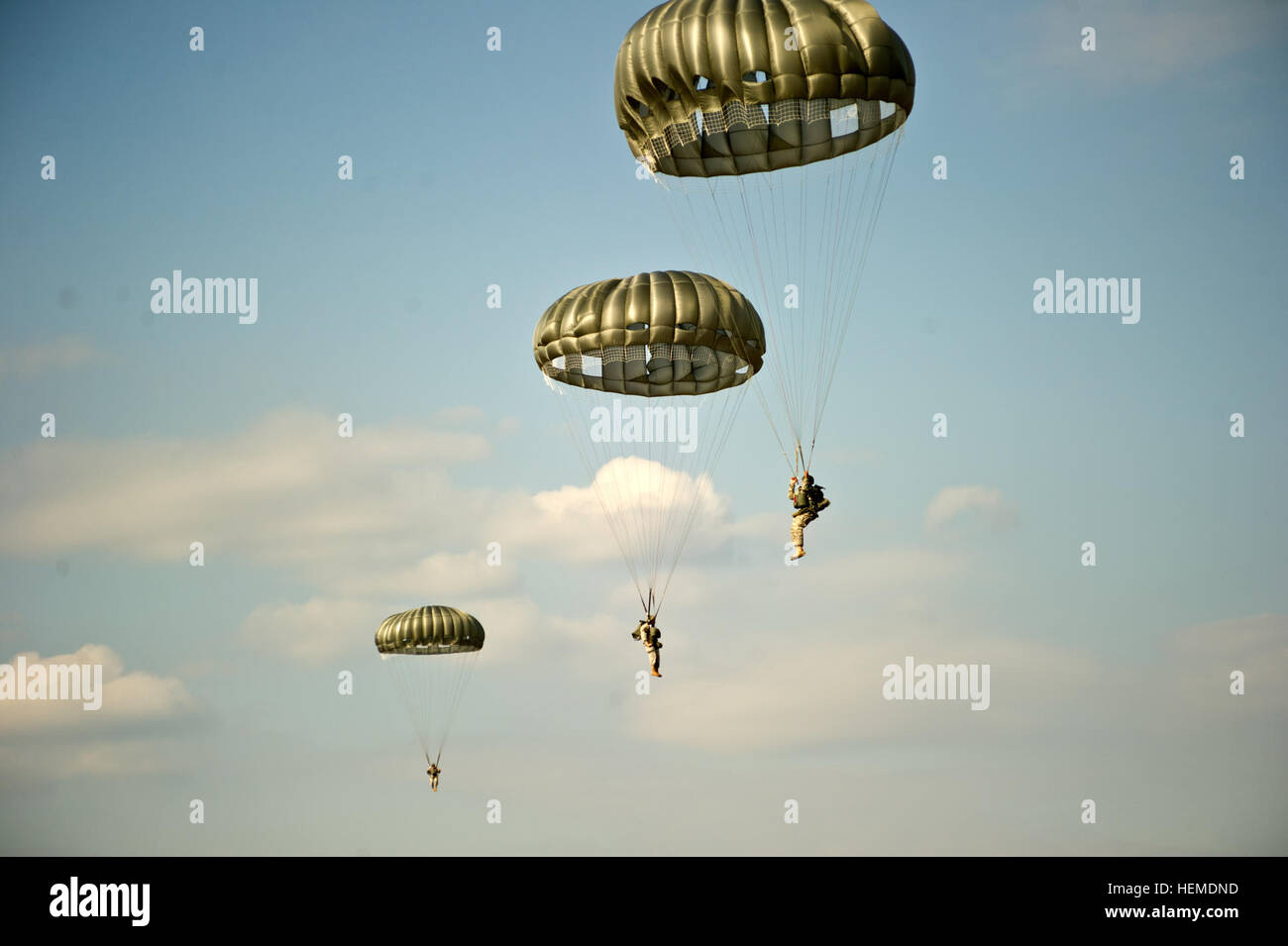 U.S. Soldiers with the 7th Special Forces Group descend after exiting a C-23 Sherpa aircraft at Eglin Air Force Base, Fla., Jan. 24, 2013. (DoD photo by Spc. Steven Young, U.S. Army/Released) 130124-A-YI554-122 (8434742445) Stock Photo